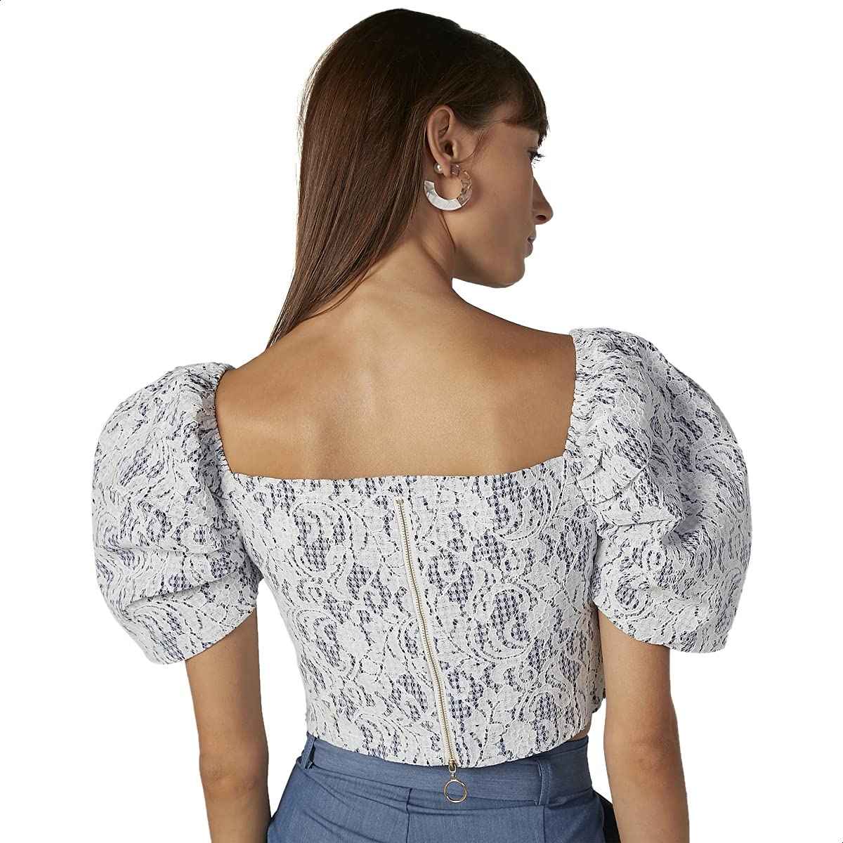 2Xtremz Lace V-Neck Puff Short Sleeves Blouse for Women - Safqqa Egypt