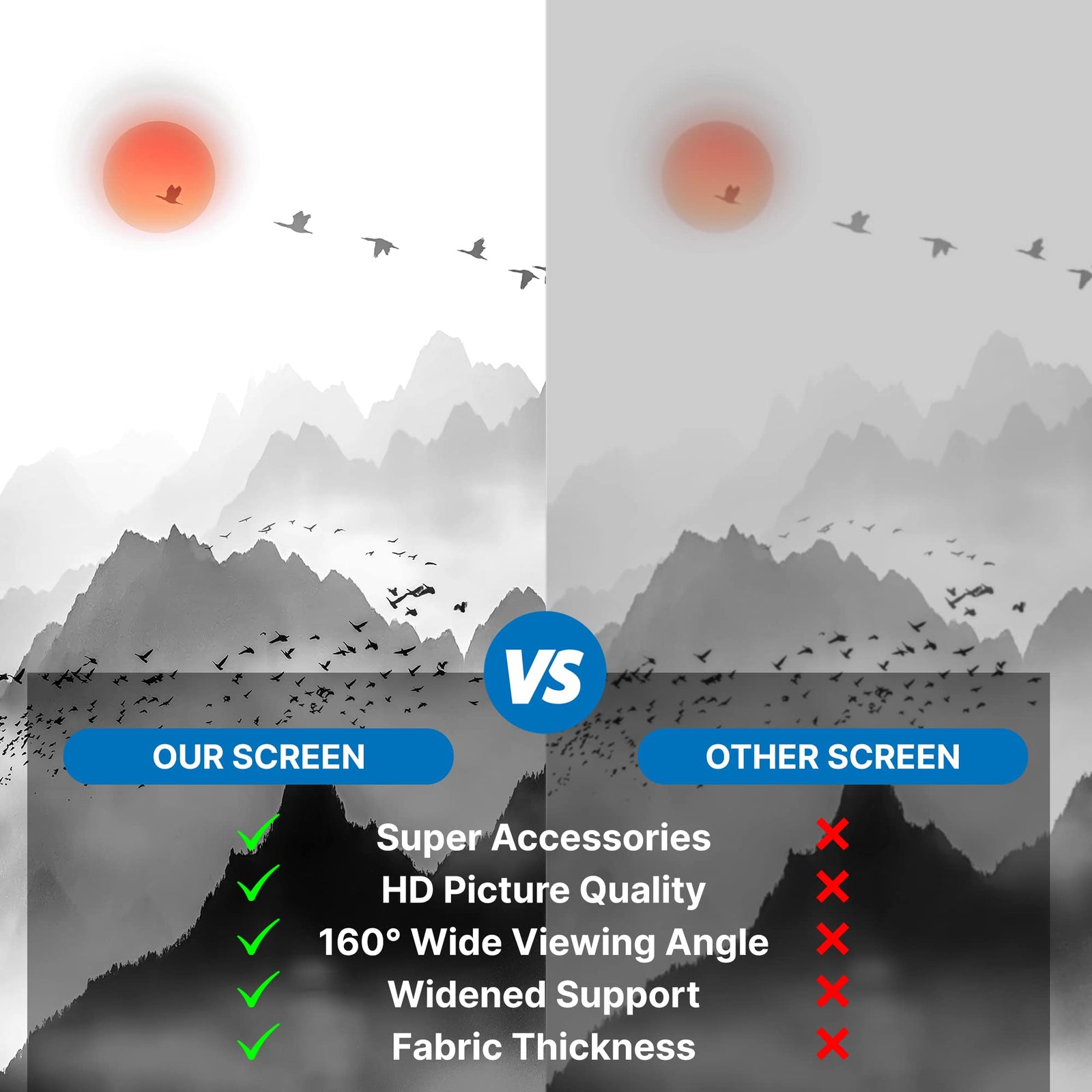 شاشة العرض القابلة للطي من بايل مقاس 120 بوصة بنسبة 16:9 الخيار المثالي لتجربة مشاهدة غامرة في أي مكان. مصنوعة من قماش خفيف مقاوم للتجاعيد يوفر صورة ناعمة وواضحة سواء للأفلام أو العروض التقديمية