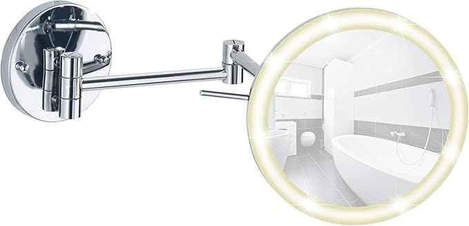WENKO Aura LED Power-Loc Wall Mirror – Steel, No Drilling Required, Magnifying Cosmetic & Vanity Mirror, Chrome - Safqqa Egypt