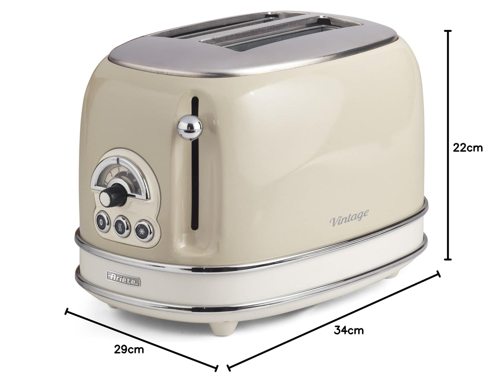 Ariete Vintage 2 Slice Toaster 155, Toaster with 6 Toasting Levels, Automatic Ejection, Defrost Function, Removable Crumb Tray, Stainless Steel Body, 810W, Beige - Safqqa Egypt