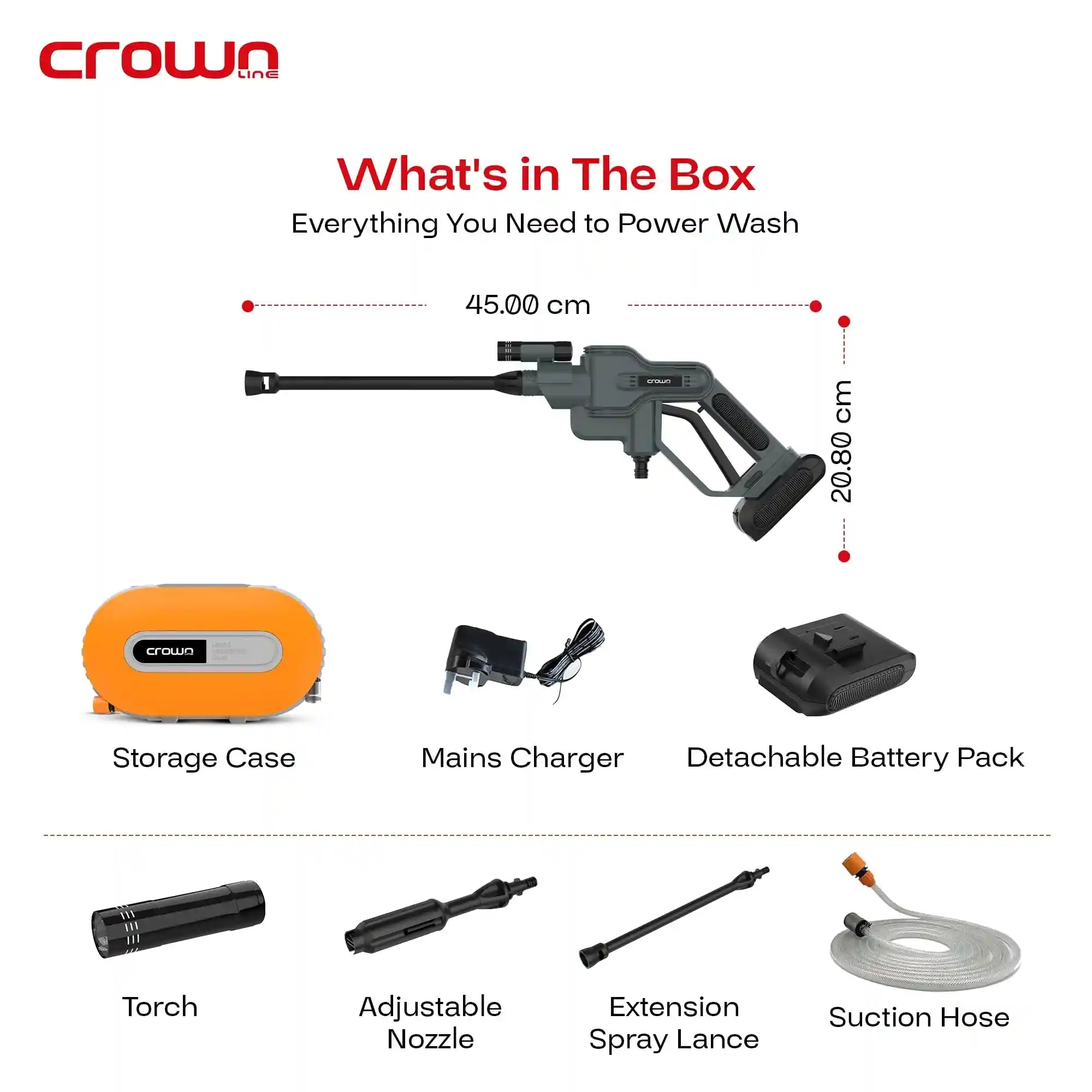 Crownline Cpw 264 Cordless Pressure Washer, 200 290 Psi/14 20 Bar, Battery: Dc 18.5V, Power: 130W,Ac 100 240 V, 50/60 Hz, - Safqqa Egypt