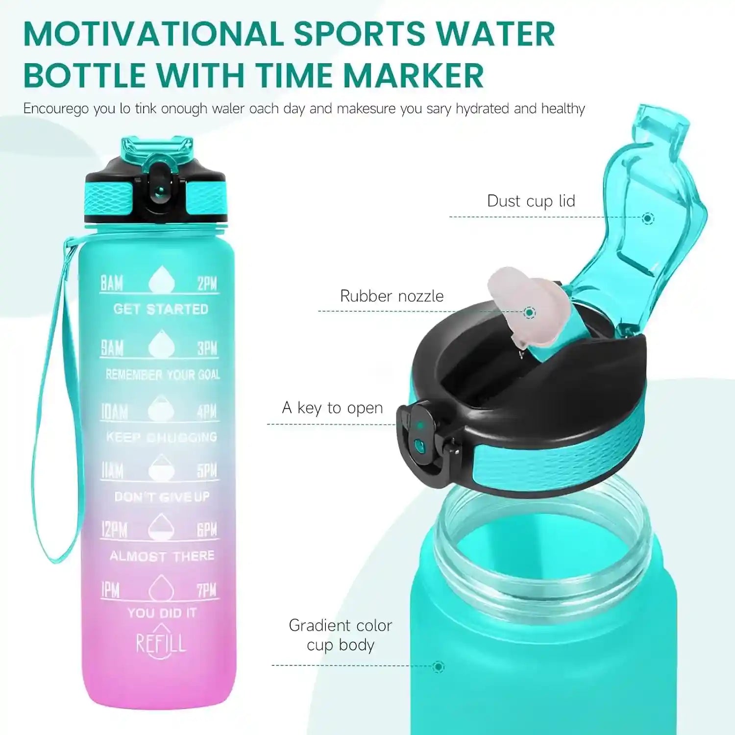 Generic 1 Litter Leakproof BPA Free Drinking Water Bottle with Time Marker & Straw to Ensure You Drink Enough Water Throughout The Day for Fitness and Outdoor Enthusiasts - Safqqa Egypt