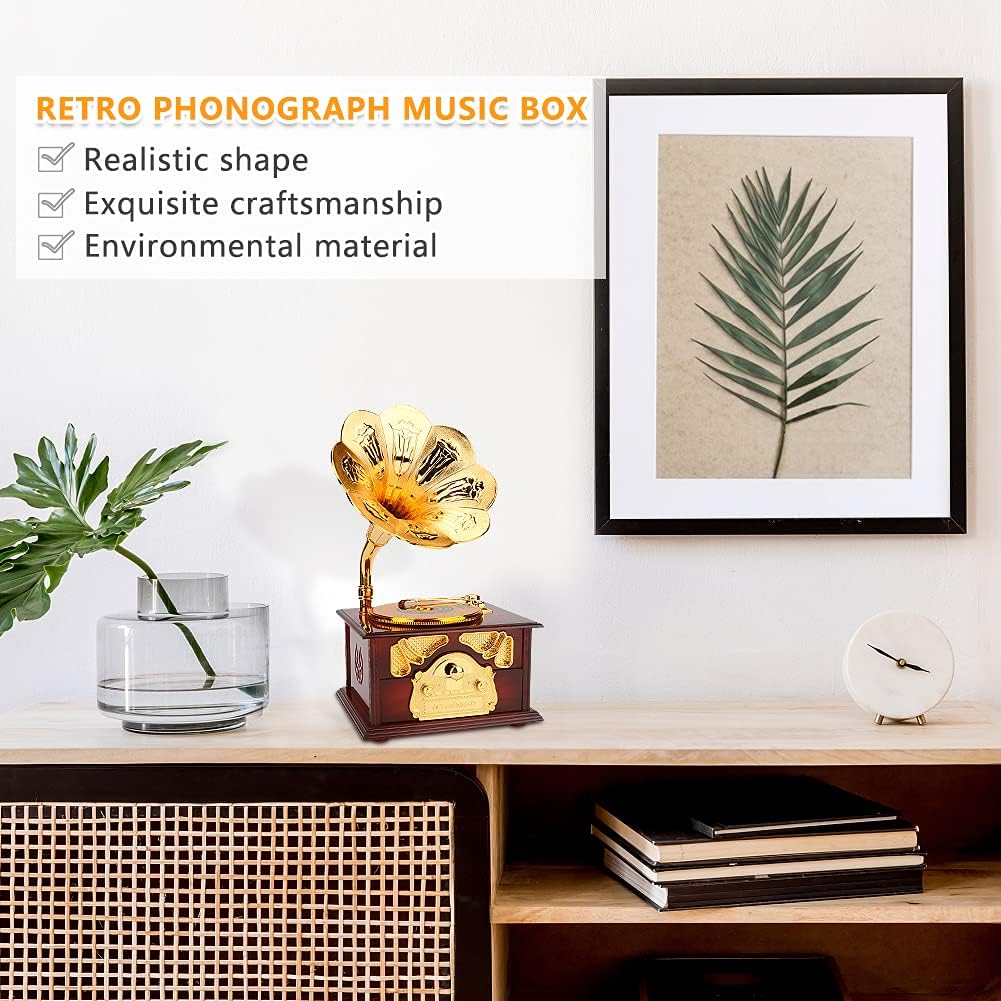 Mystery Vintage Gramophone Music Box, Mechanical Musical Jewelry Box for Girls Women Mom, Retro Table Cafe Bar Home Decor, Birthday Mothers Day Gifts for Mom