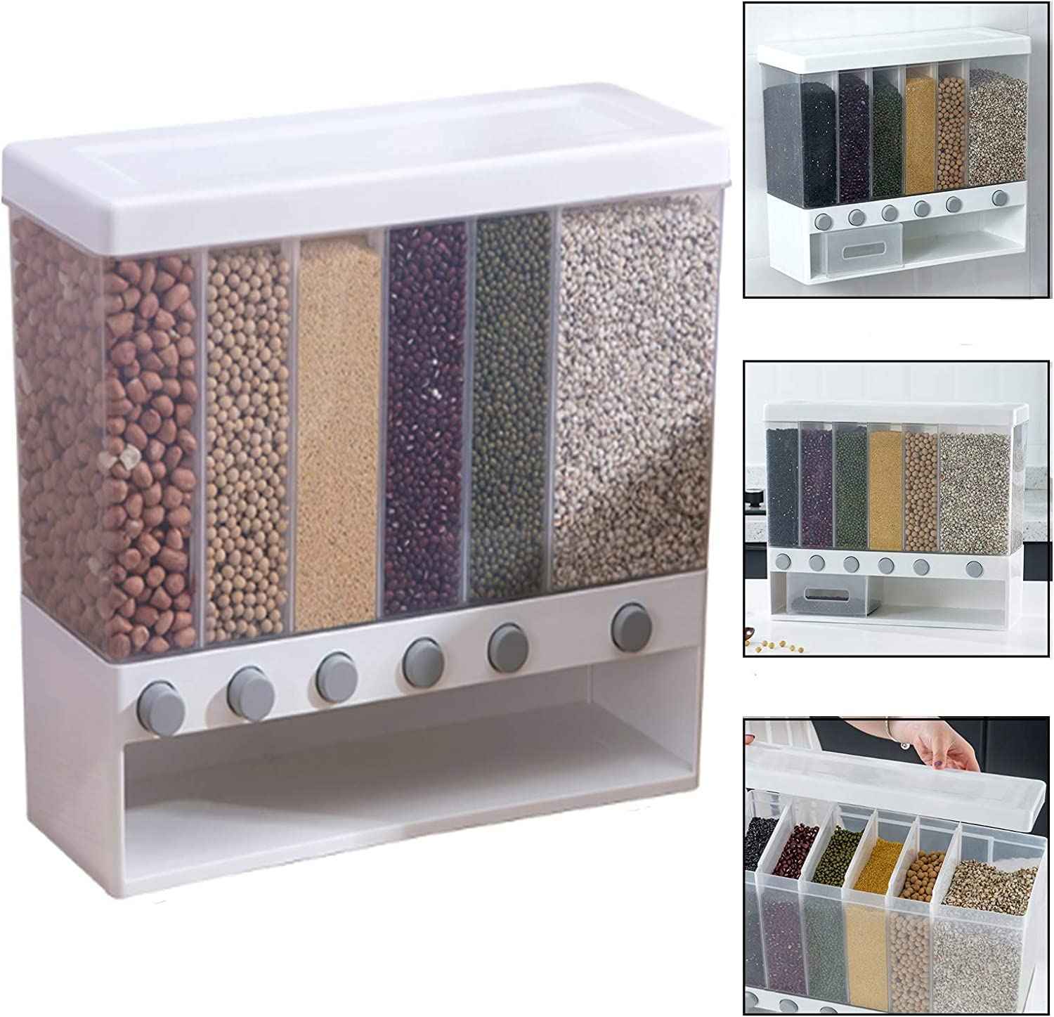 Kitchen Shelf Organizer (Transparent-5-6) Food Storage Boxes Airtight Food Storage ContainersLarge Wall Mounted Dry Food Dispenser Rice Bucket,6-Grid Rice Storage Dry Grain Storage Dried 10L - Safqqa Egypt