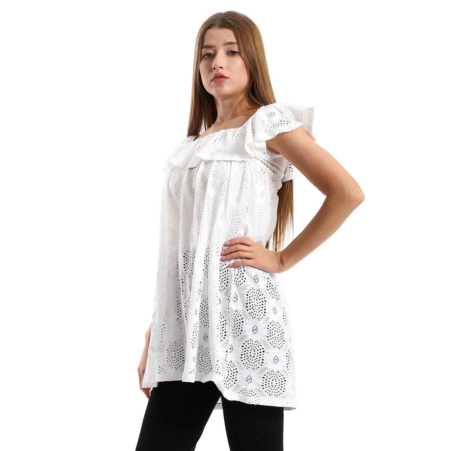 JAMILA Women Perforated Off Shoulder Short Casual Dress - Safqqa Egypt