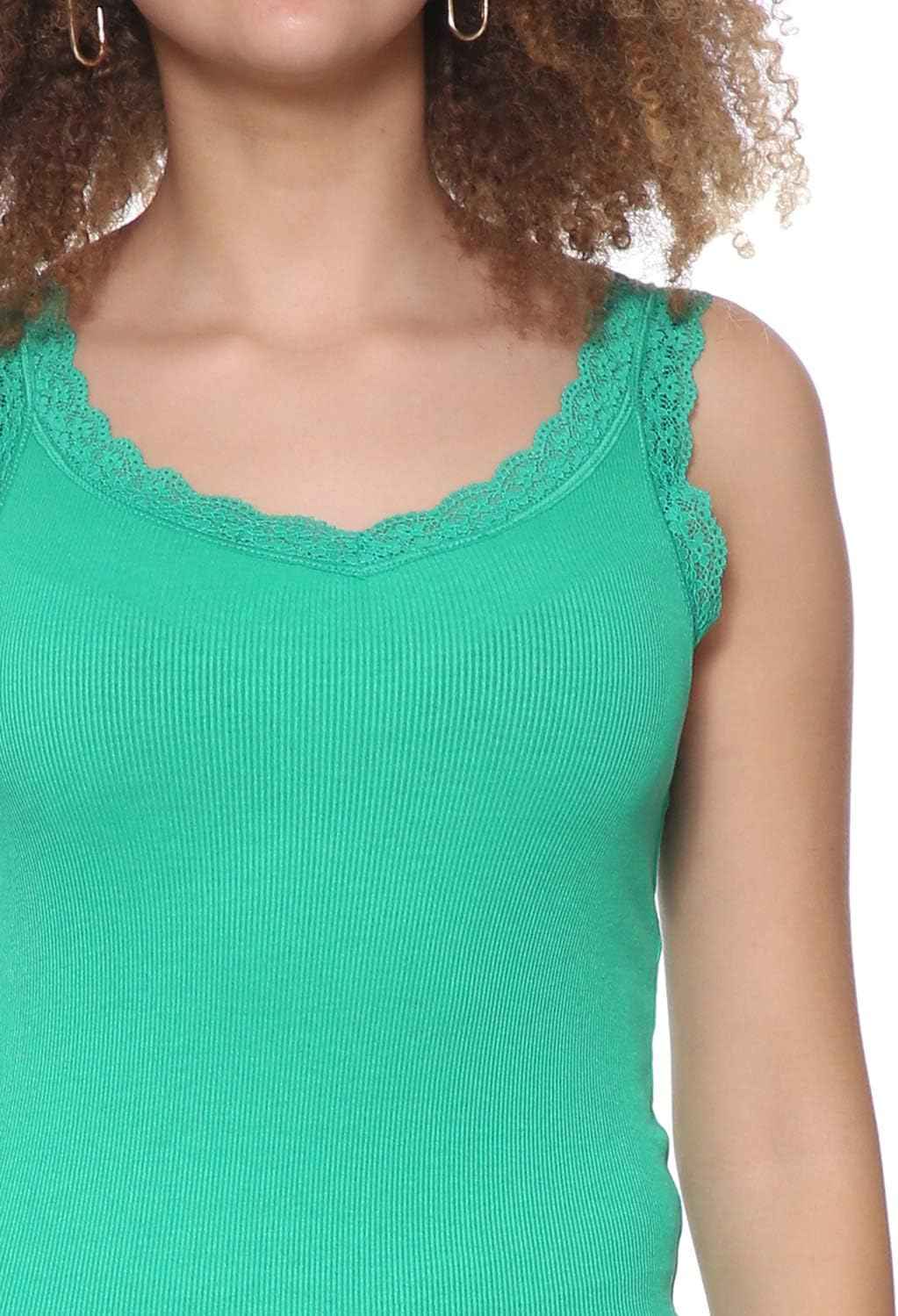 Splash Ribbed Scallop Lace Trims Sleeveless V-Neck Top for Women - Safqqa Egypt