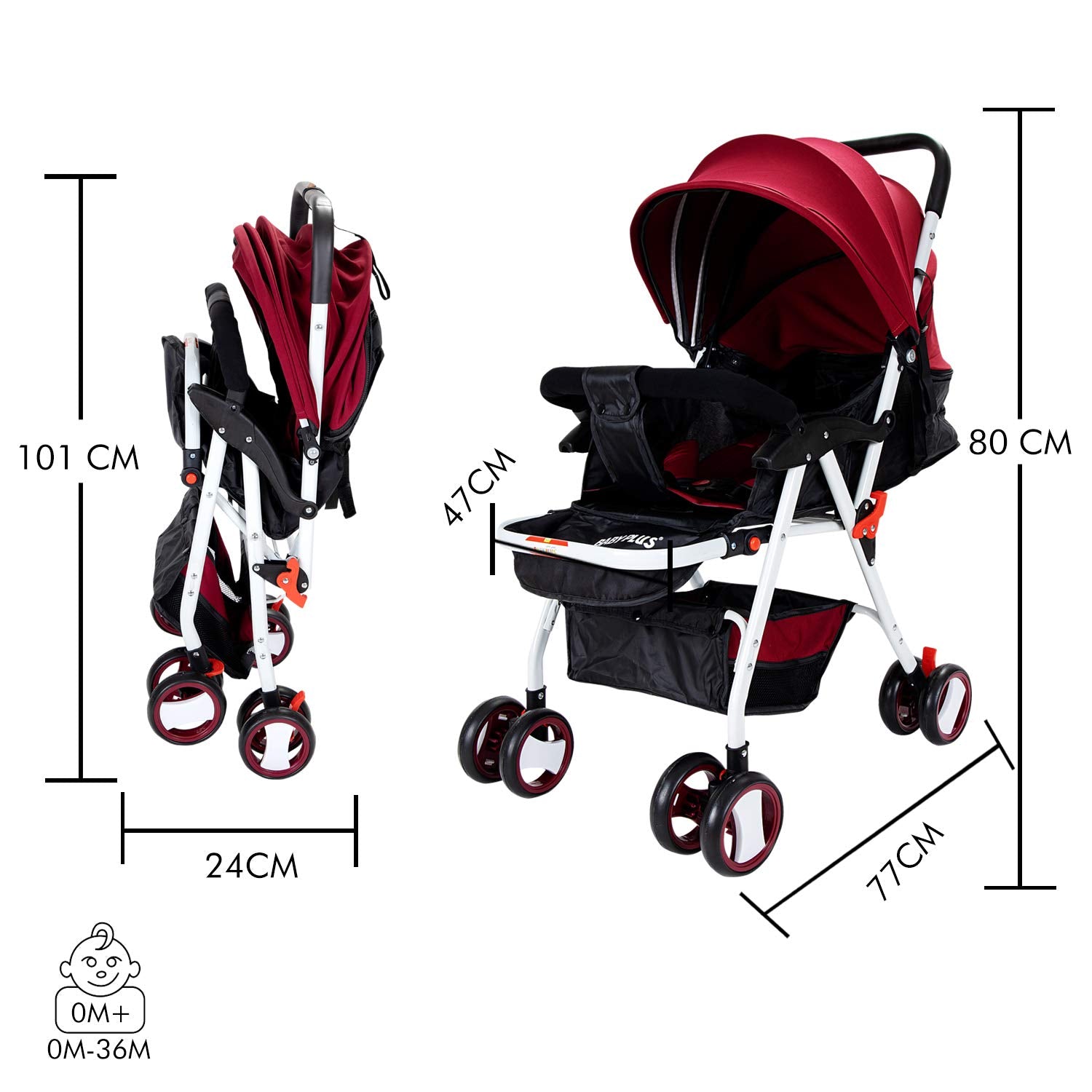 BABY PLUS Baby Pram Stroller With Sunshade Canopy & Adjustable Footrest/With Snack Tray/Safety Belt/Swivel Wheels/Reclining Position/Large Storage Basket/Unisex/ 12 To 36 Months/Wine Black/Red