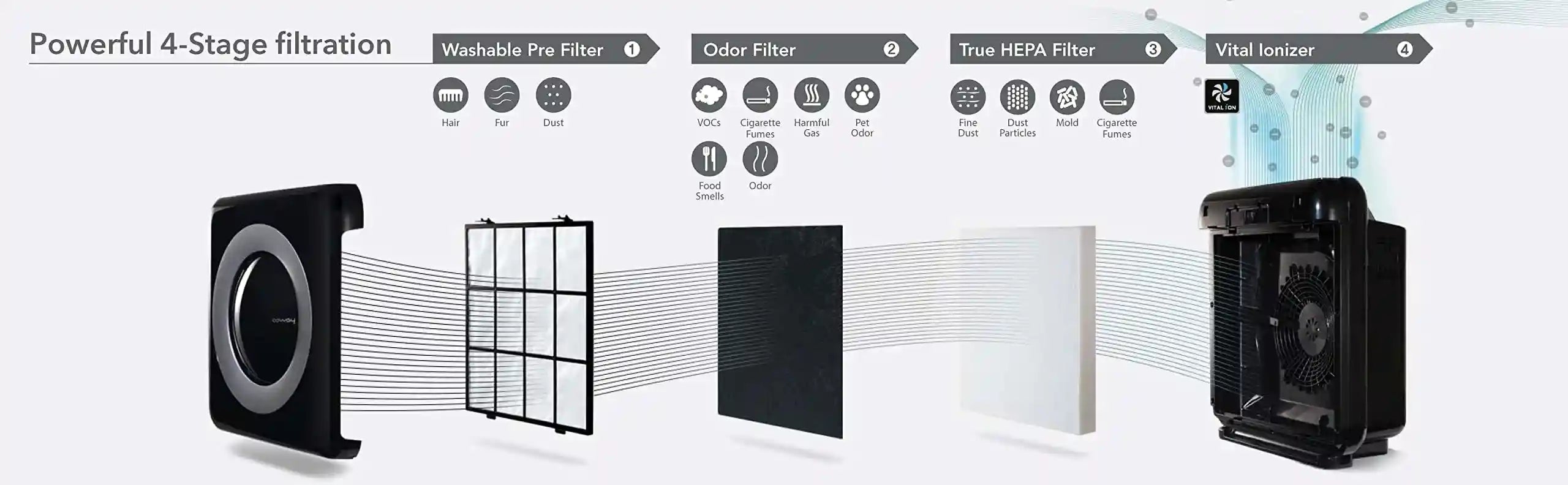 Coway Cleans up to 361 Sq. Ft, 421 m³/h CADR, long life multiple filters and Green HEPA removes 99.99% particles. Air Quality Indicator. 1+1 Years Warranty, Black, AP-1512H, Airmega Mighty - Safqqa Egypt