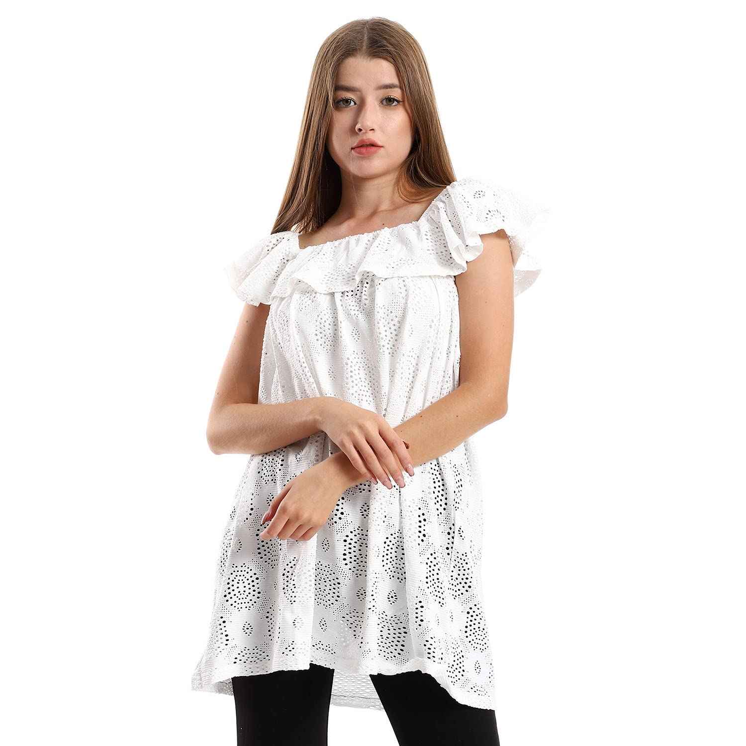 JAMILA Women Perforated Off Shoulder Short Casual Dress - Safqqa Egypt