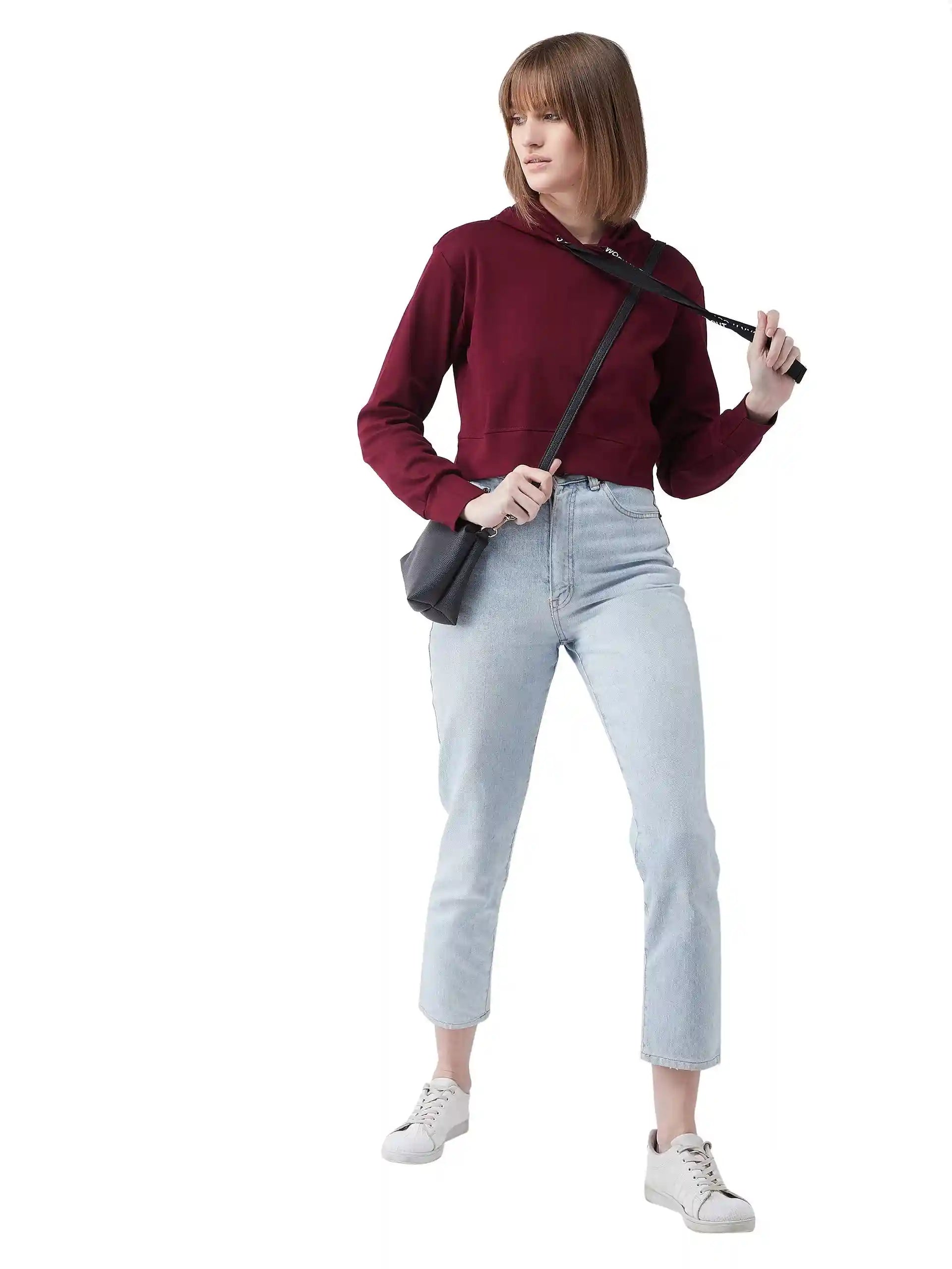 Miss Olive Women's Solid Round Neck Full Sleeve Hooded Boxy Graphic Twill Tape Detailing Crop Sweatshirt - Safqqa Egypt