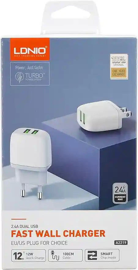 Ldnio Fast Charger Set - 2 Pieces, Model A2219, EU Plug with 2 USB Ports and Type-C Cable - White - Safqqa Egypt