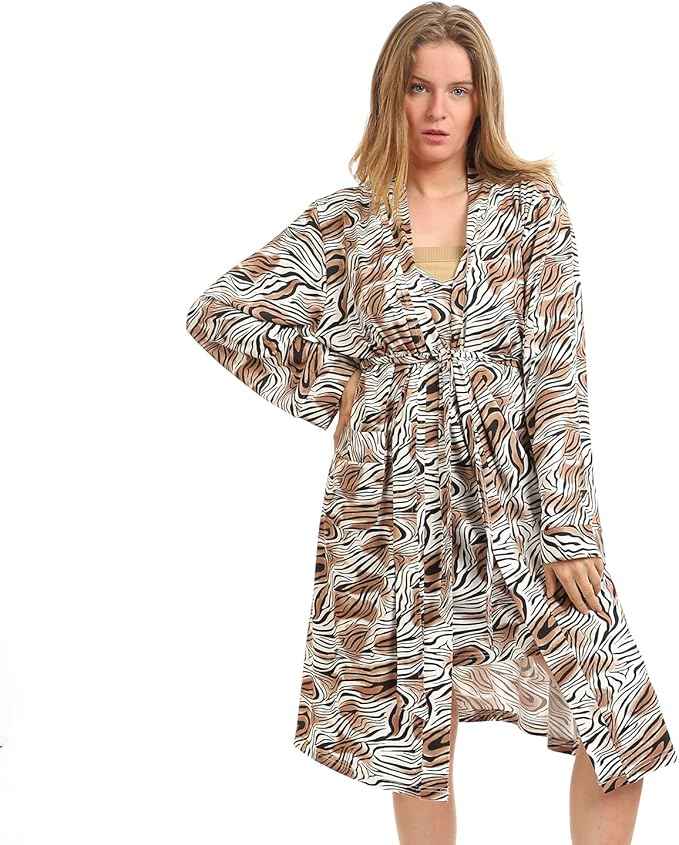 Kady Women Spaghetti Strap Zebra Print Short Nightgown with Robe - Safqqa Egypt