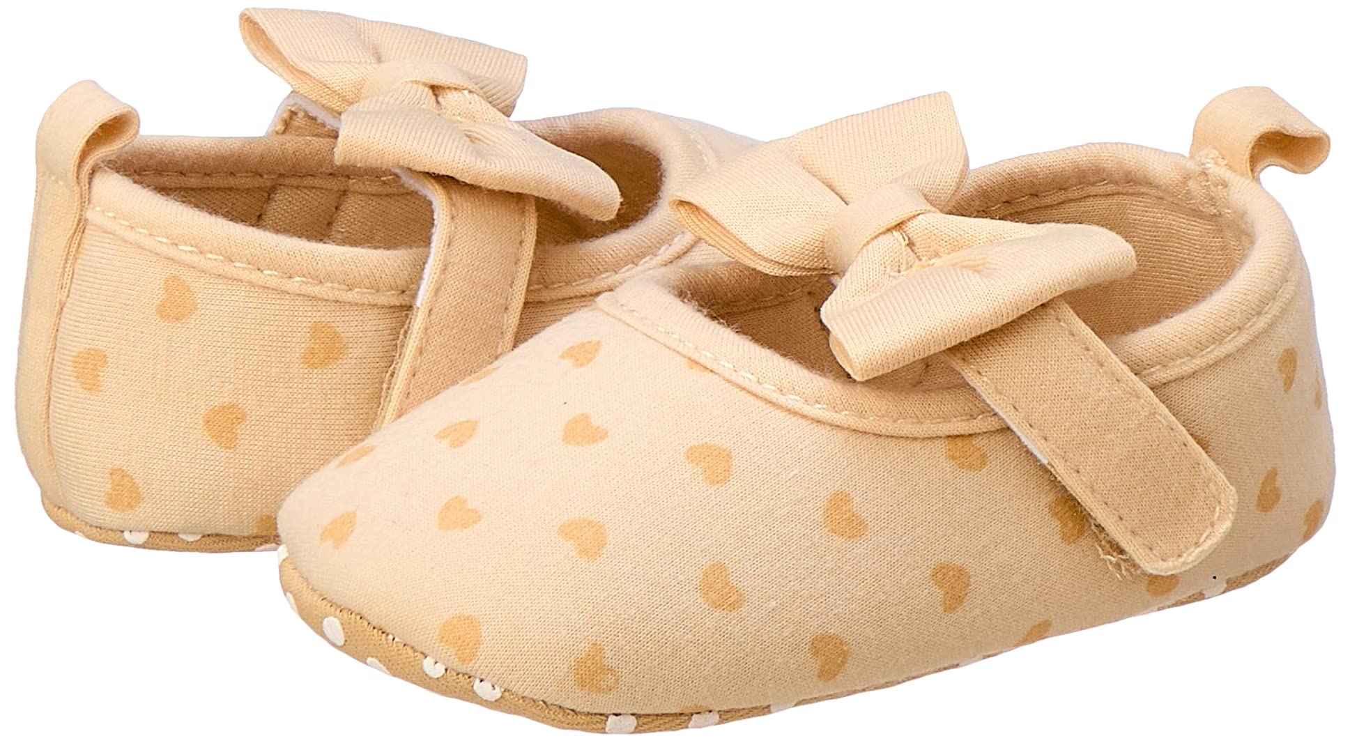 Mix & Max Hearts-Pattern Bow-Detail Mary Jane Shoes for Girls - Beige, 9 - 12 Months - Safqqa Egypt