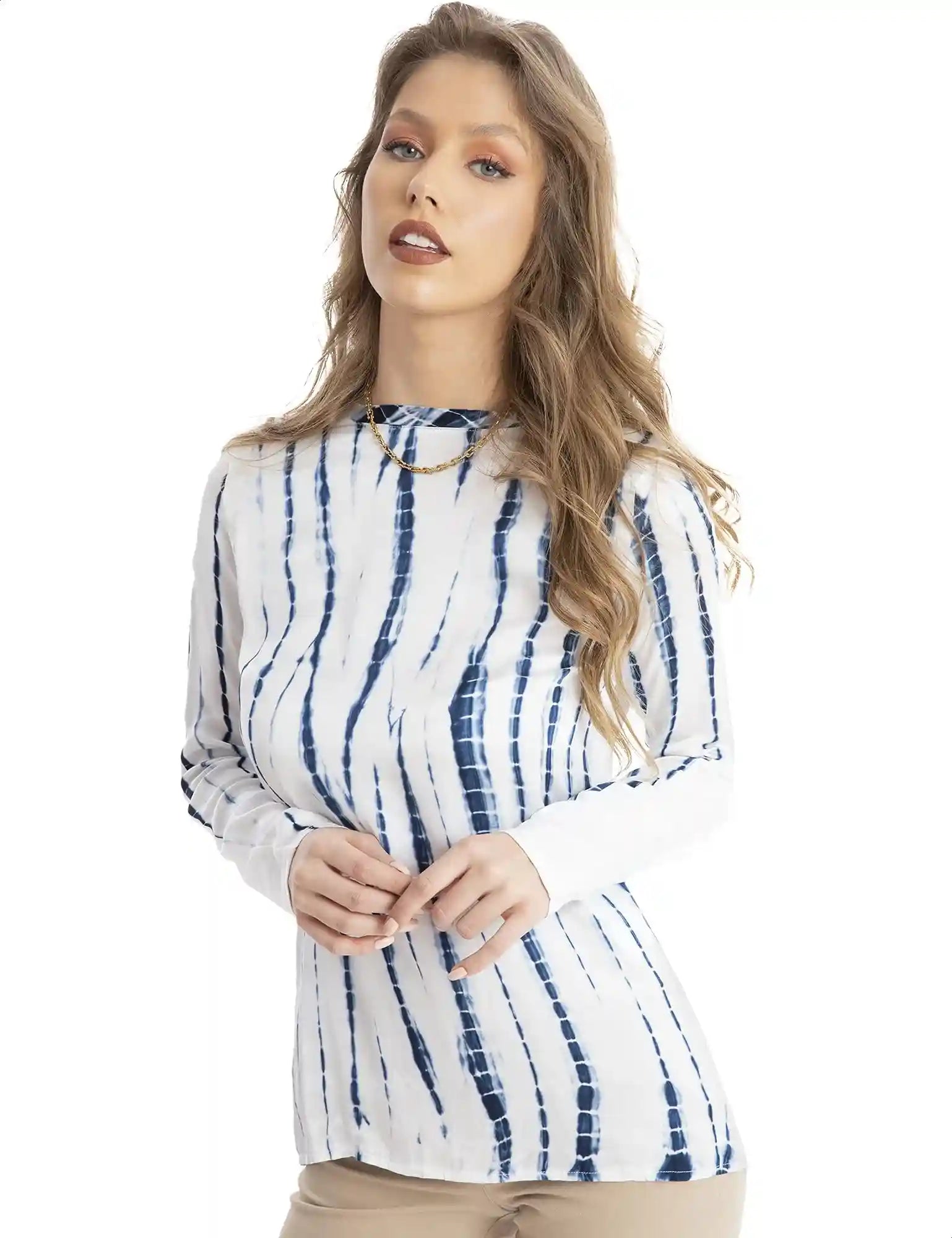 Dalydress Dare Printed Round Neck Long Sleeves Contrast Basic Back Blouse for Women - Safqqa Egypt