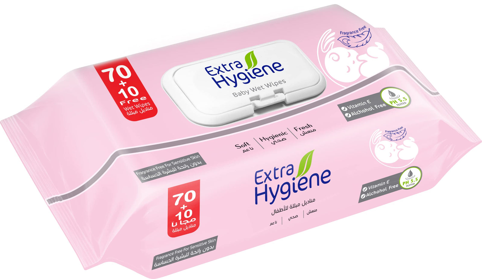 مناديل Extra Hygiene المبللة لبشرة الأطفال الحساسة (70+10 قطعة) مصممة خصيصًا للعناية بلطف ببشرة الطفل الحساسة. تحتوي على مكونات مرطبة ومهدئة تساعد على تنظيف البشرة وإنعاشها دون التسبب في تهيج.