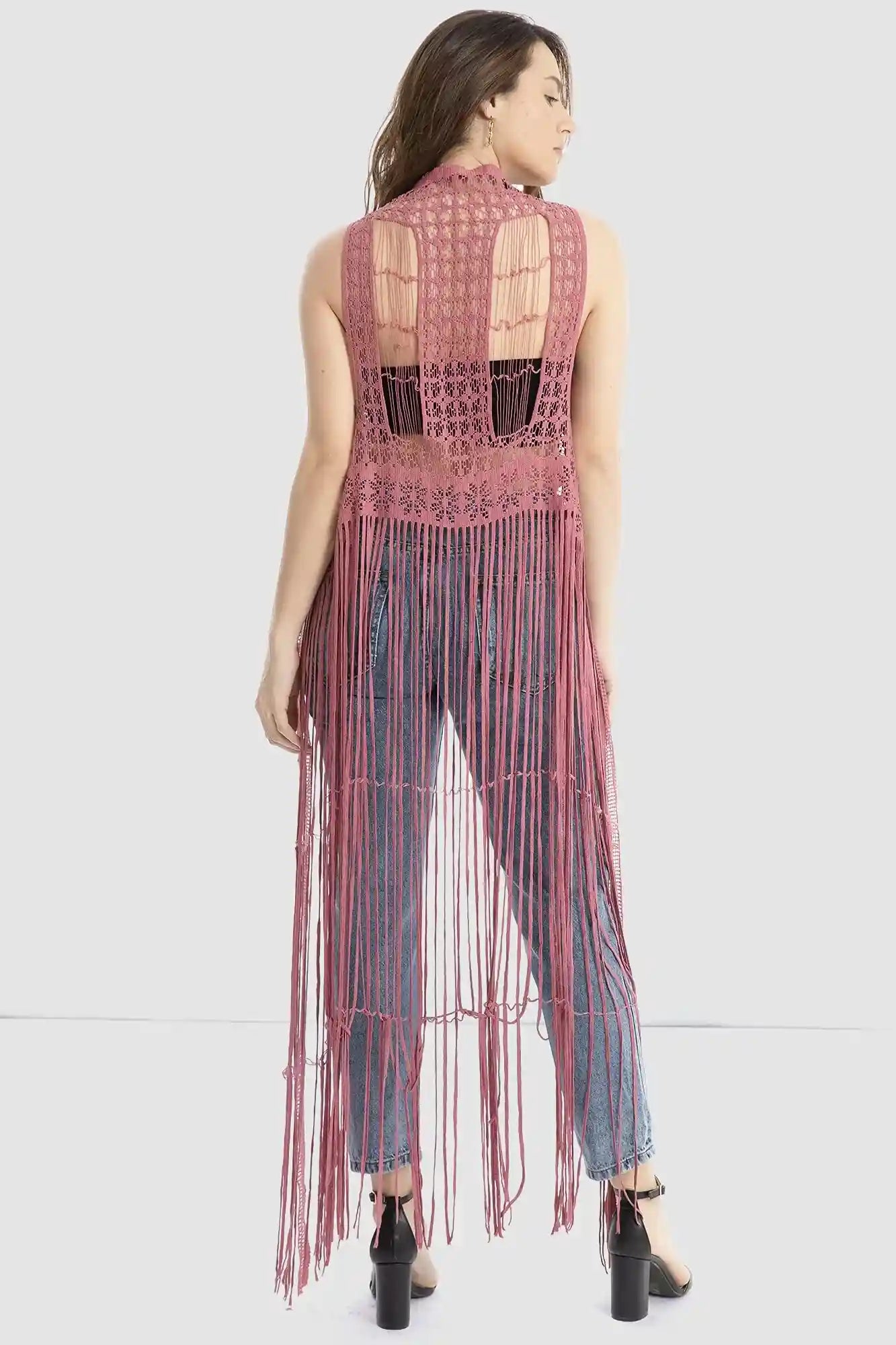 JAMILA Women fringed net cardigan SWEATER - Safqqa Egypt