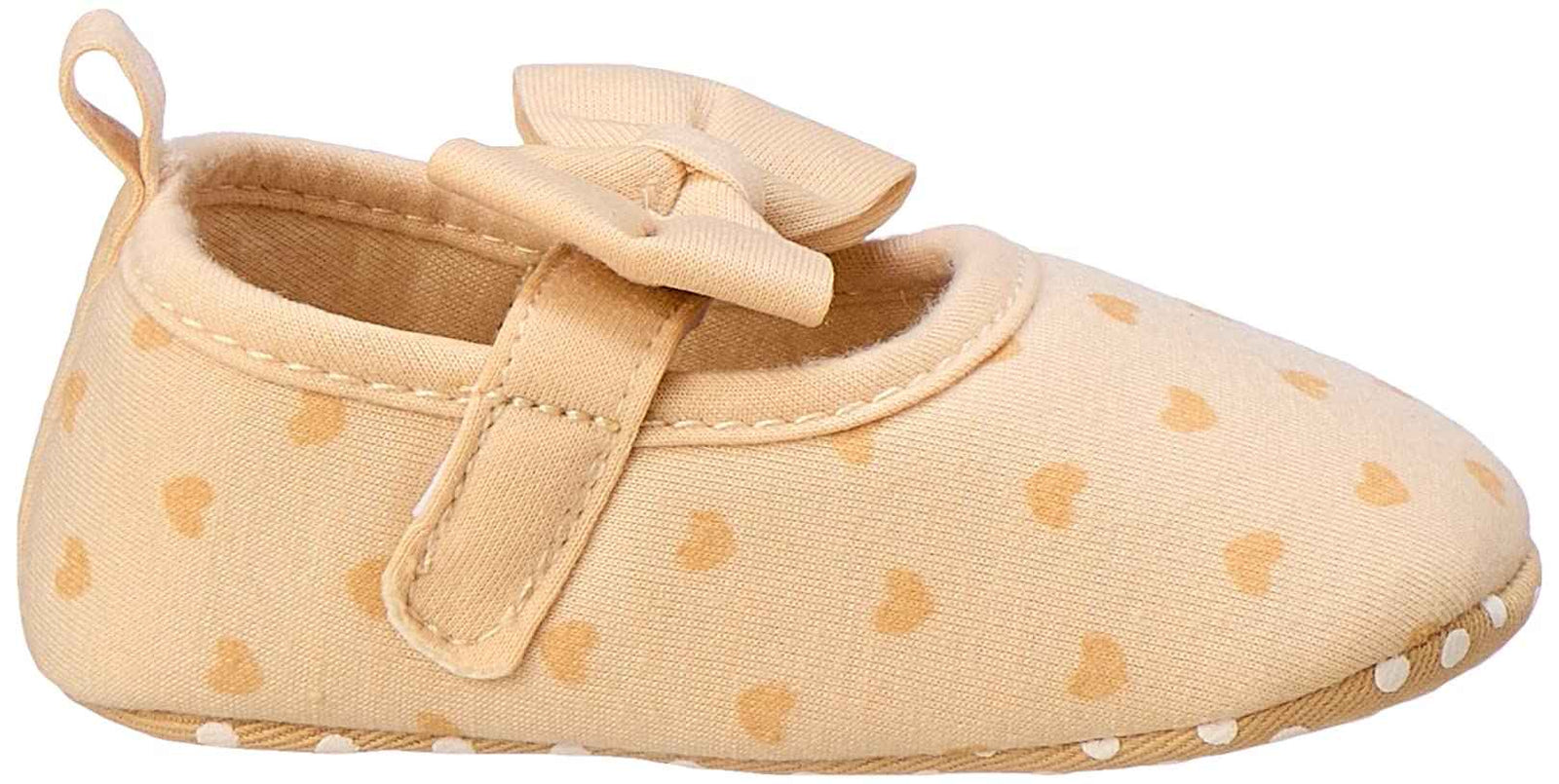 Mix & Max Hearts-Pattern Bow-Detail Mary Jane Shoes for Girls - Beige, 9 - 12 Months - Safqqa Egypt
