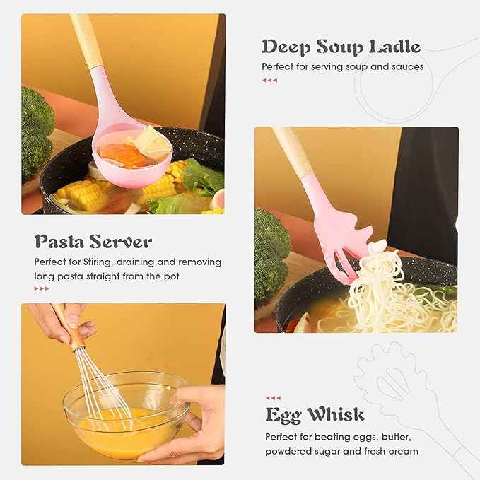 12-Piece Silicone Kitchen Utensil Set with Wooden Handles – Non-Stick, Scratch-Resistant Cooking Tools with Spatula Holder – Pink - Safqqa Egypt