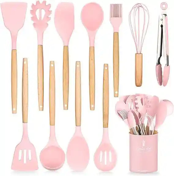 12-Piece Silicone Kitchen Utensil Set with Wooden Handles – Non-Stick, Scratch-Resistant Cooking Tools with Spatula Holder – Pink - Safqqa Egypt