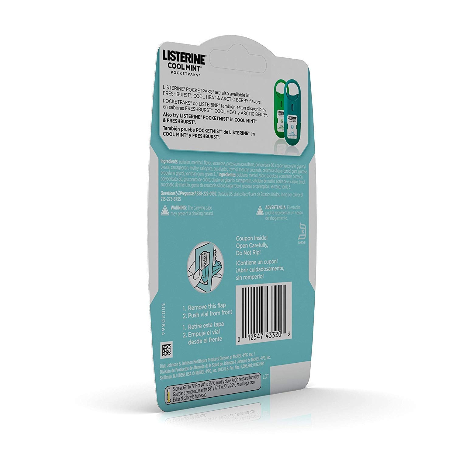 شرائح ليسترين بوكيت باكس بنكهة النعناع البارد. تتميز هذه الشرائح الرقيقة والقابلة للذوبان بأنها تقضي على ٩٩٪ من الجراثيم المسببة لرائحة الفم الكريهة