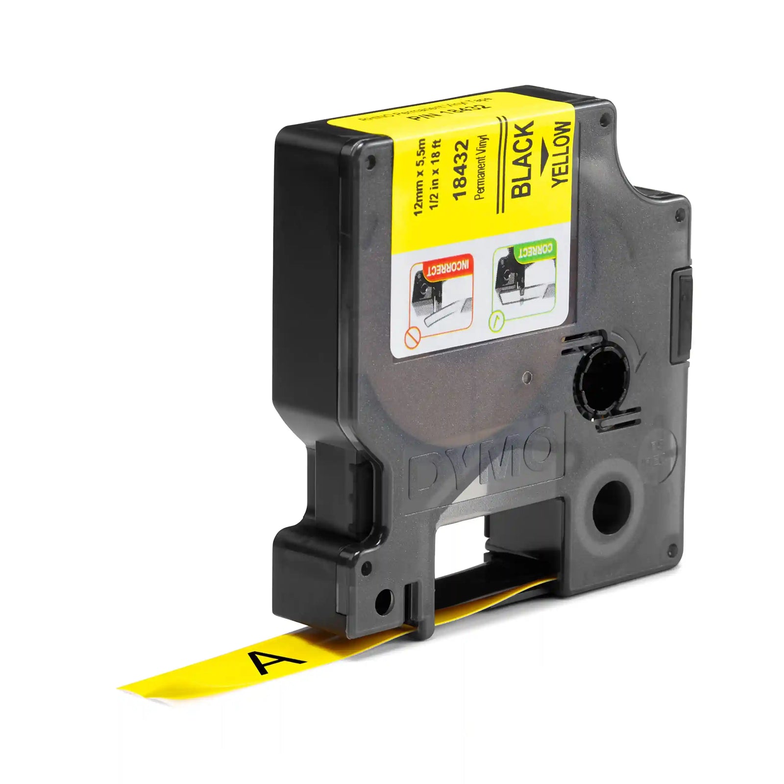 Dymo rhinopro vinyl labels, 112 mm x 5.5 m, black print on yellow, self-adhesive, 18432 - Safqqa Egypt