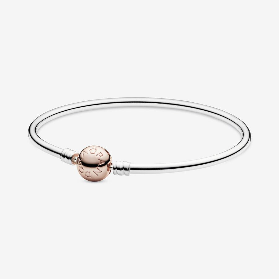Pandora Moments 925 Sterling Silver Two-Tone Ball-Clasp Engraved Logo Bangle