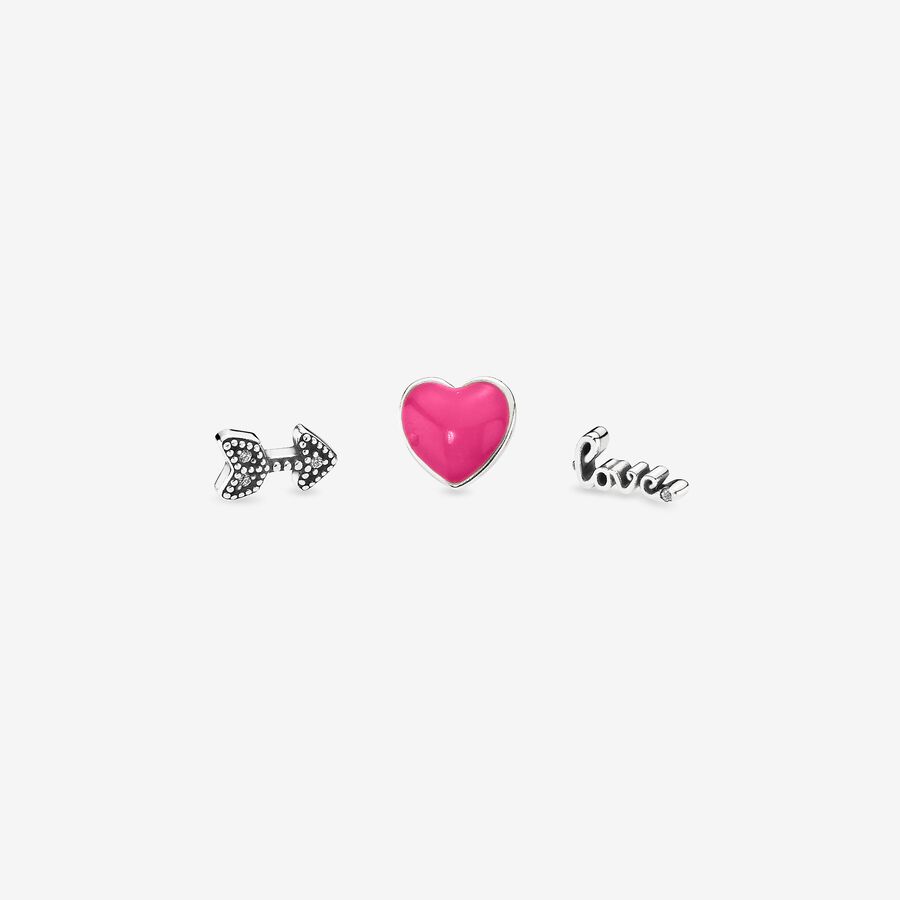 Petite elements pack in silver with heart with magenta enamel, arrow with clear CZ and love script with clear CZ