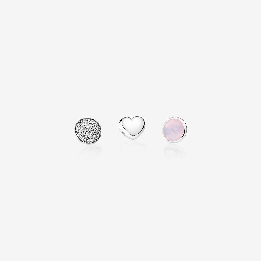 October petite elements pack in silver with heart, pave droplet with clear CZ and opalescent pink crystal droplet