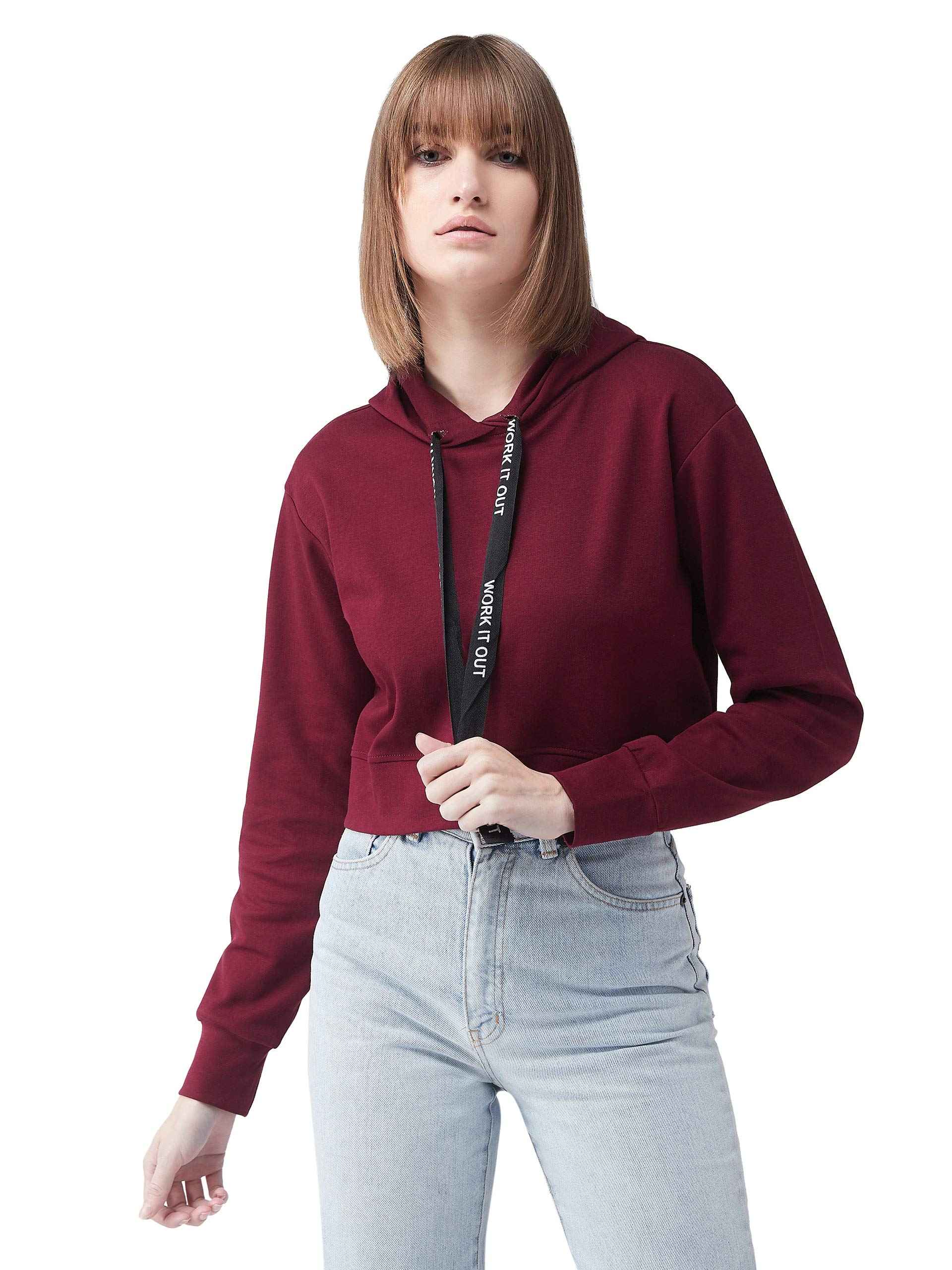 Miss Olive Women's Solid Round Neck Full Sleeve Hooded Boxy Graphic Twill Tape Detailing Crop Sweatshirt - Safqqa Egypt