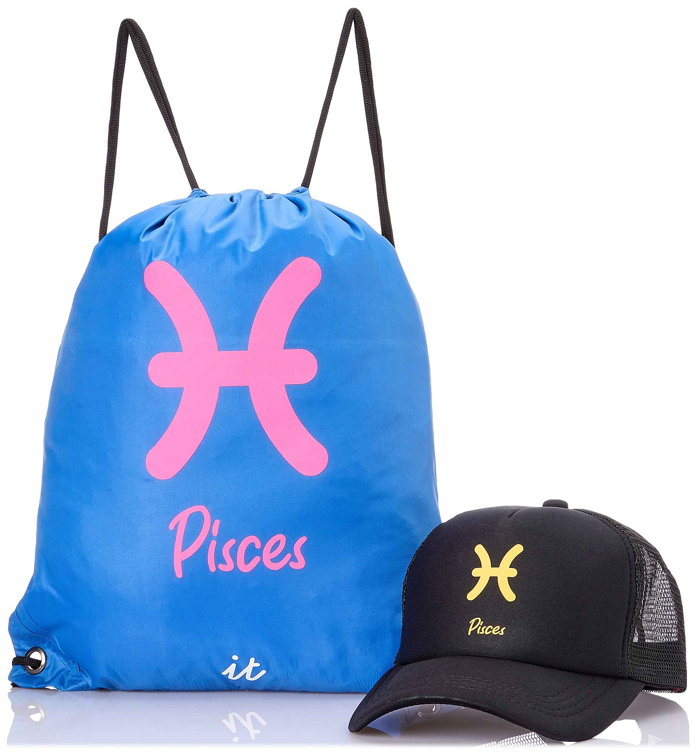 Cotton With Polyester Foldable Sun Protection cap With String Bag And Pisces Design For Unisex - Multi Color- One Size- Fitted - Safqqa Egypt