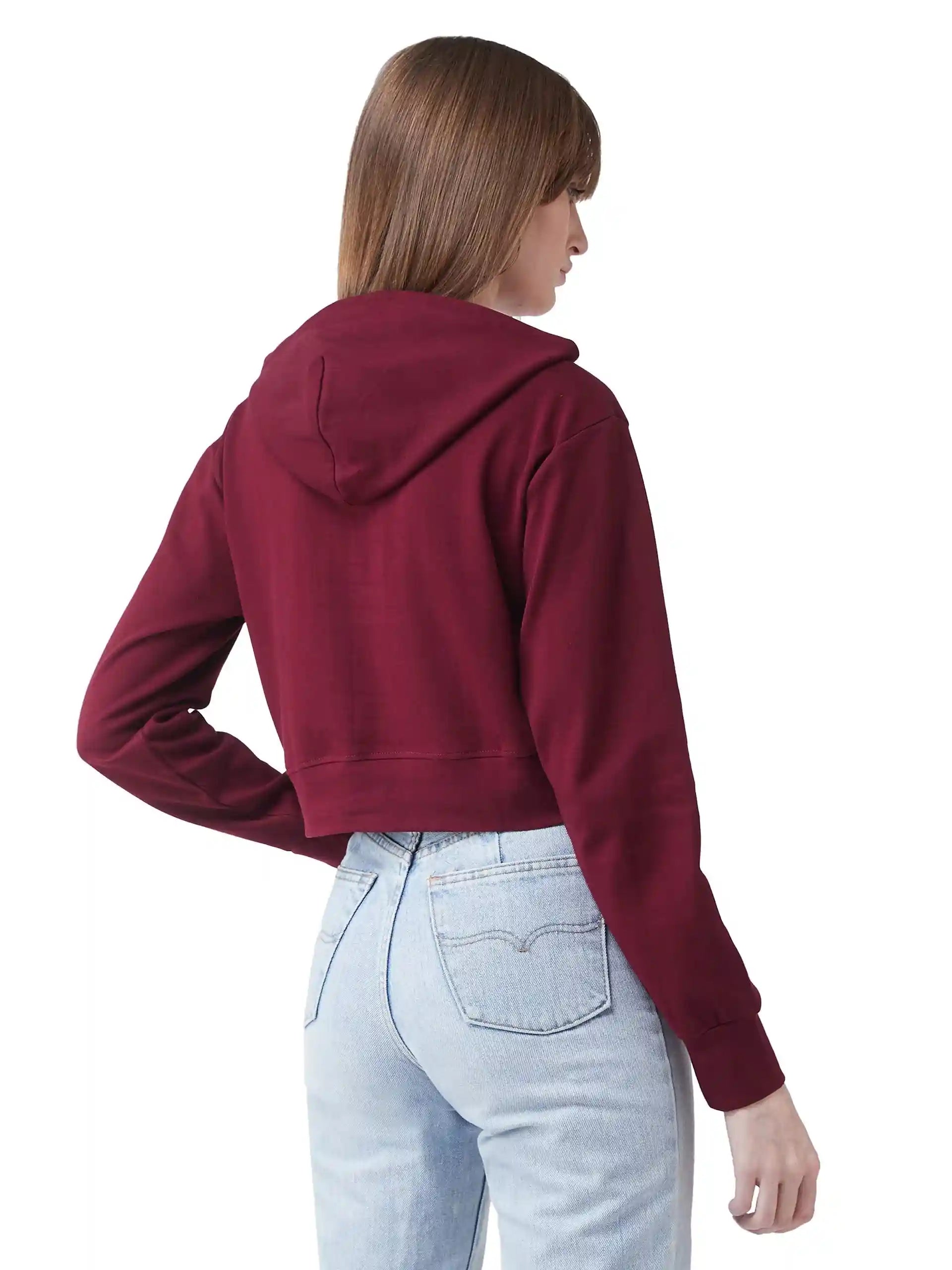 Miss Olive Women's Solid Round Neck Full Sleeve Hooded Boxy Graphic Twill Tape Detailing Crop Sweatshirt - Safqqa Egypt