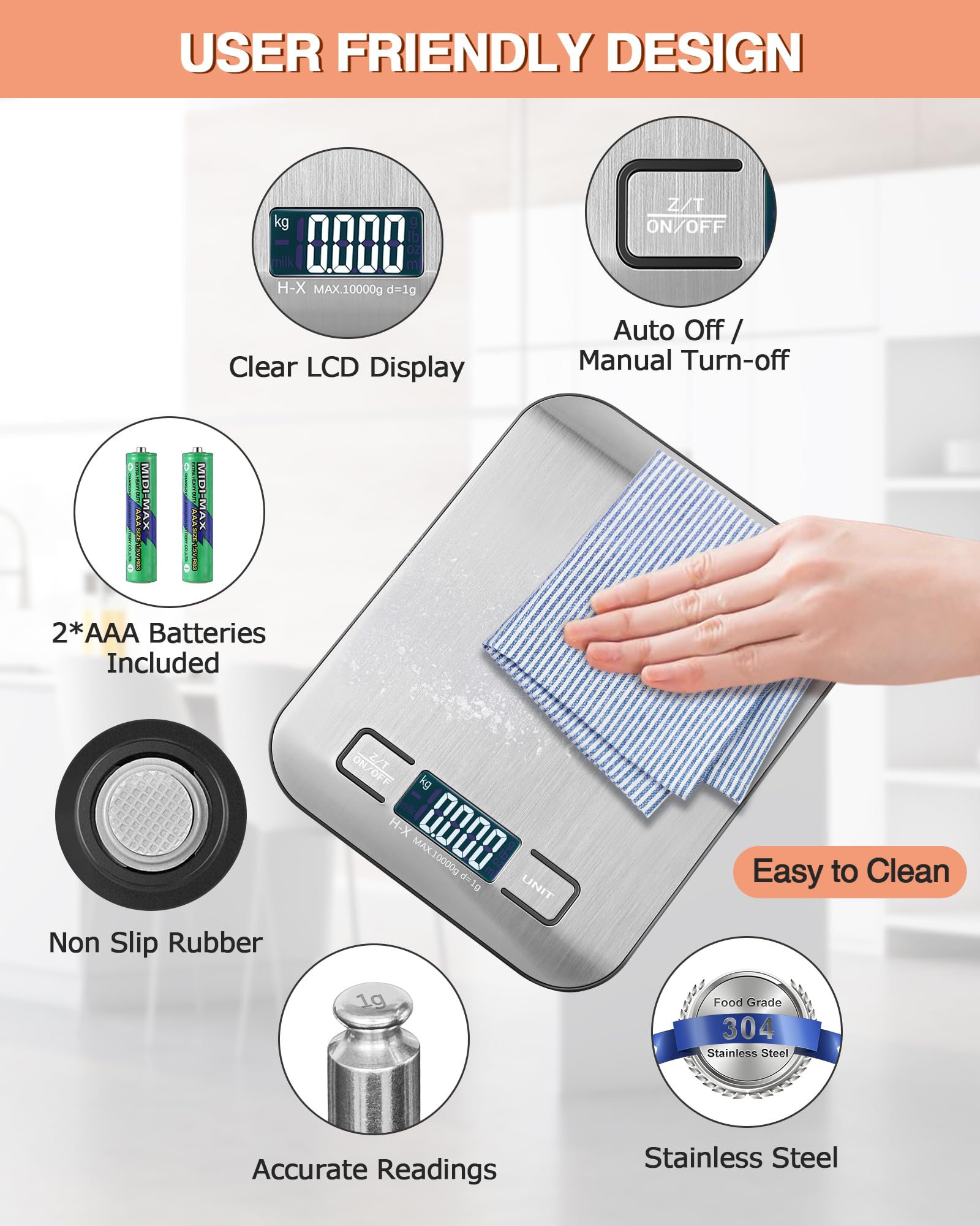 ميزان المطبخ الرقمي أداة دقيقة ومريحة للخبز والطهي والتحكم في المقادير. بسعة 10 كجم، يمكنه قياس الكميات الصغيرة والكبيرة بسهولة. توفر الشاشة LCD قراءة واضحة