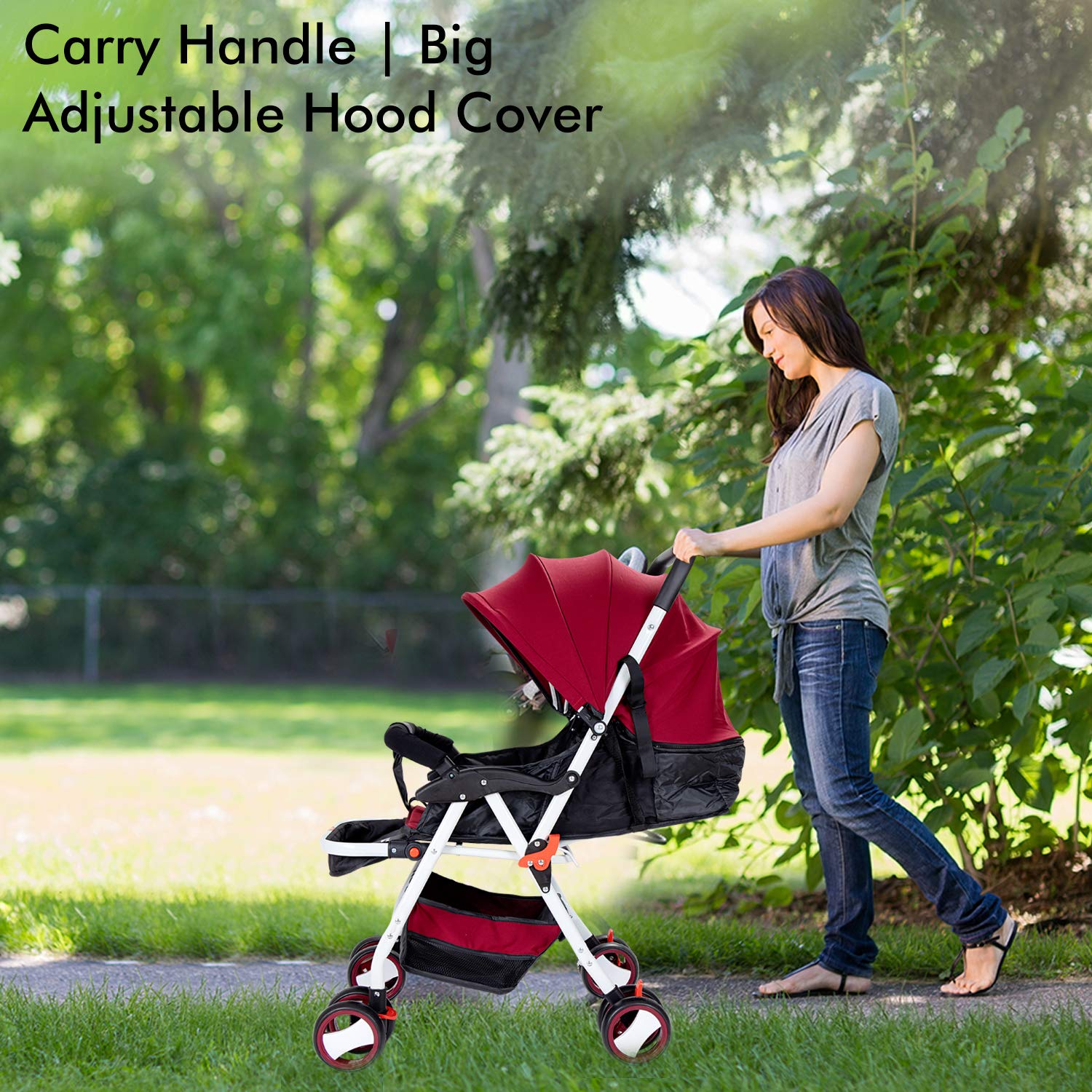 BABY PLUS Baby Pram Stroller With Sunshade Canopy & Adjustable Footrest/With Snack Tray/Safety Belt/Swivel Wheels/Reclining Position/Large Storage Basket/Unisex/ 12 To 36 Months/Wine Black/Red