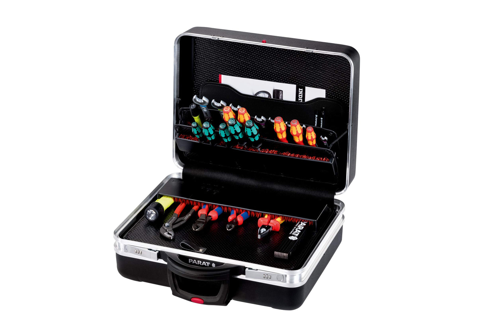 حقيبة الأدوات المتنقلة بارات Parat(موديل 589550171) هي حقيبة عالية الجودة مصممة للمحترفين الذين يبحثون عن المتانة والتنظيم وسهولة النقل. تتميز بغلاف خارجي صلب ومتین باللون الأسود الأنيق