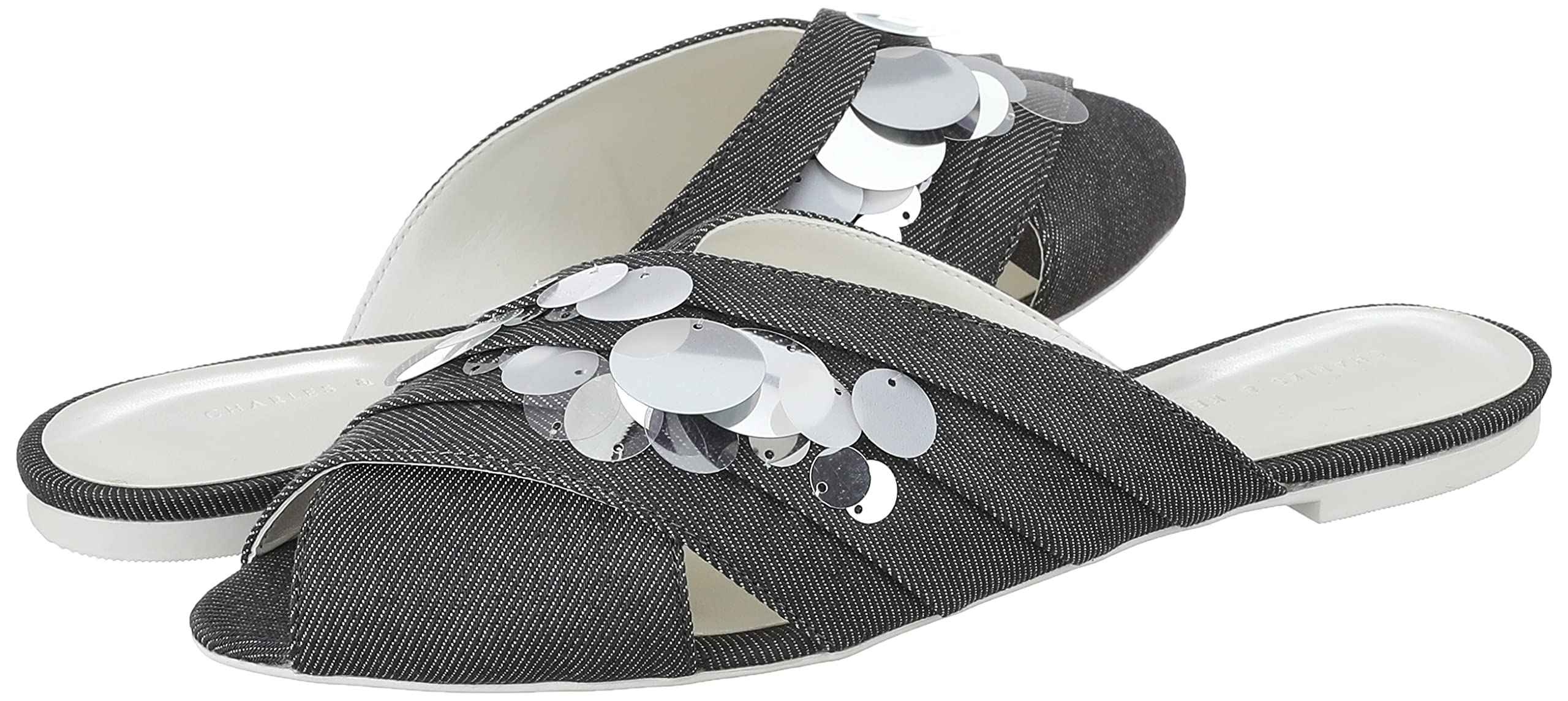 CHARLES & KEITH Fabric Sequin Embellished Peep Toe Plaid Flat Mules for Women - Safqqa Egypt