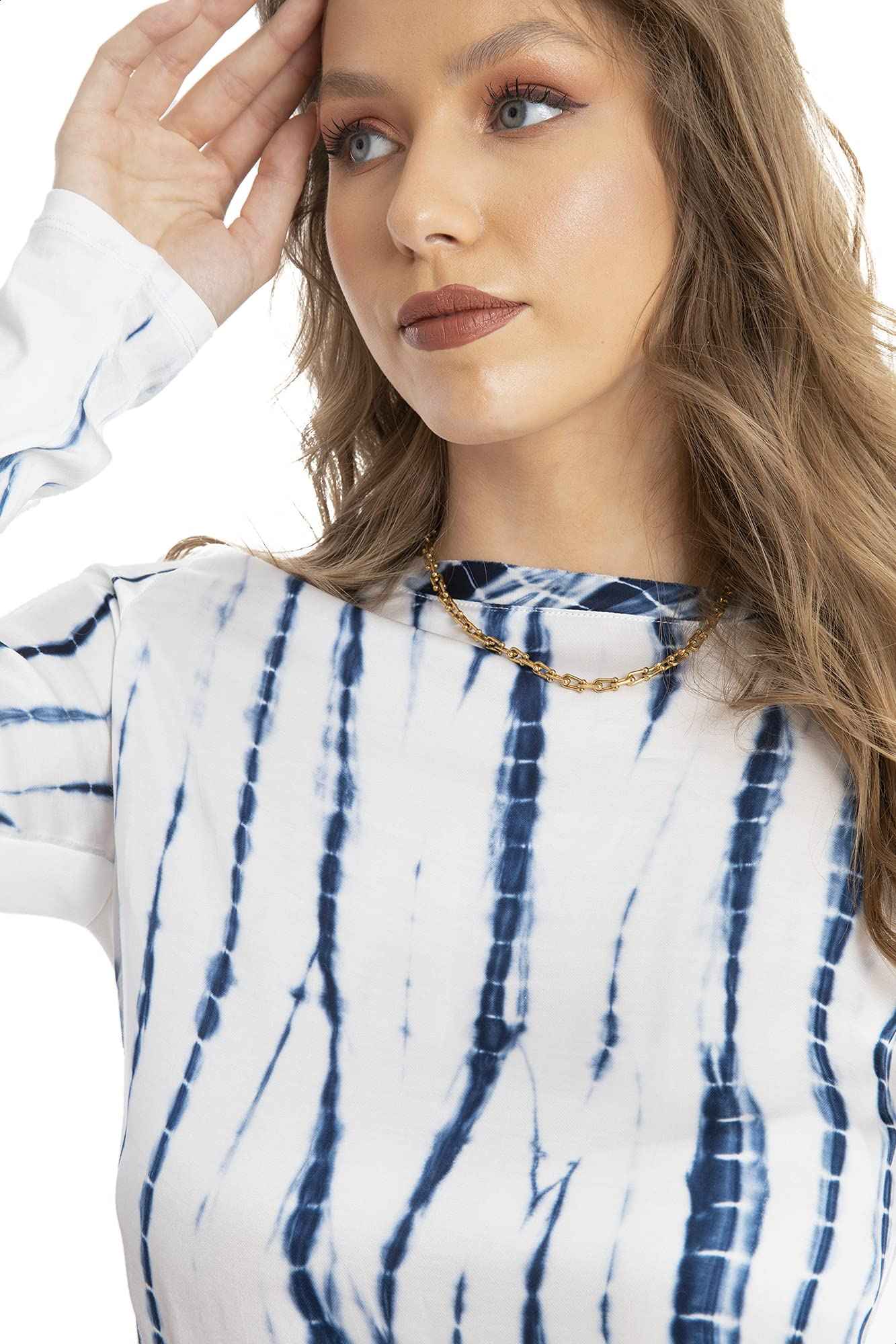 Dalydress Dare Printed Round Neck Long Sleeves Contrast Basic Back Blouse for Women - Safqqa Egypt