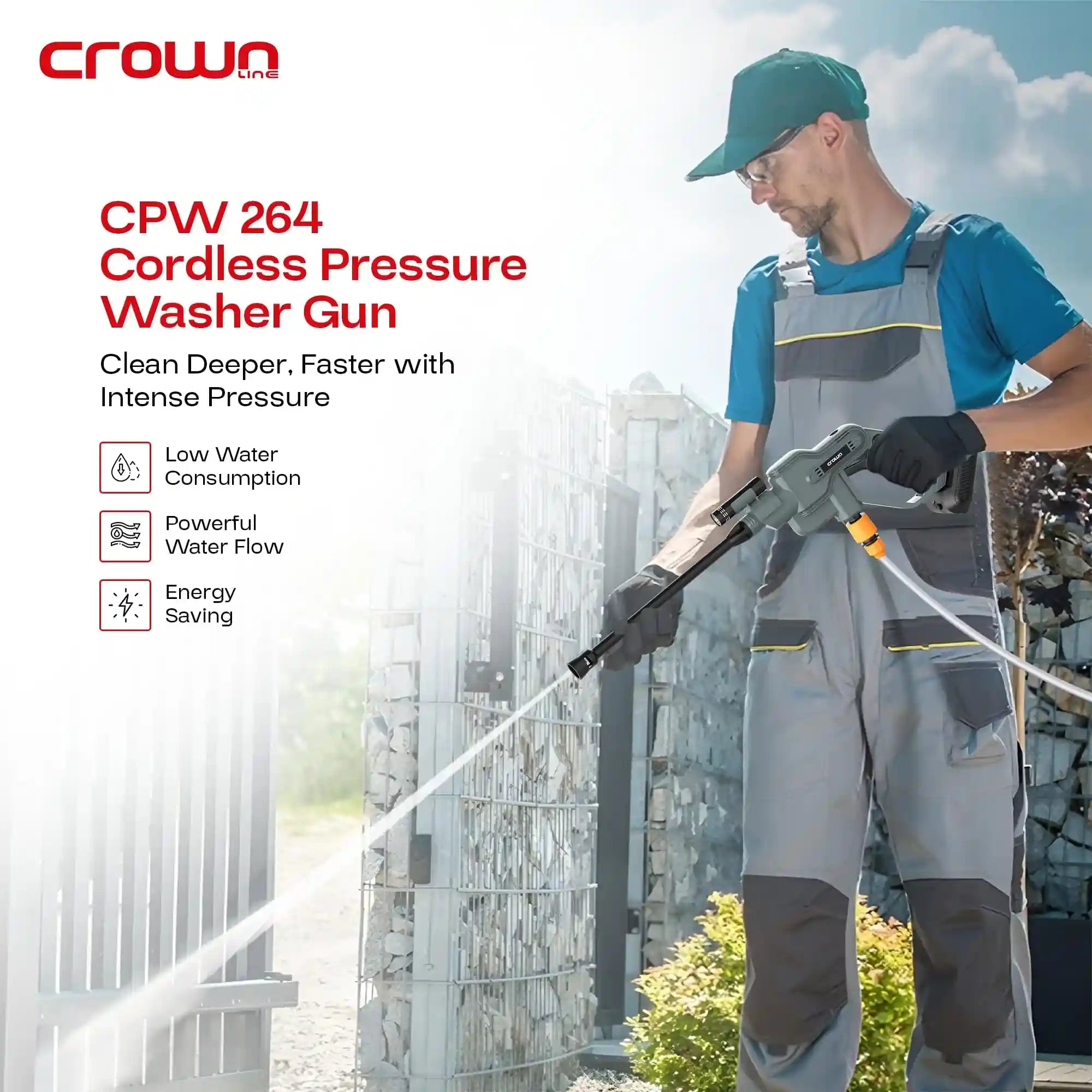 Crownline Cpw 264 Cordless Pressure Washer, 200 290 Psi/14 20 Bar, Battery: Dc 18.5V, Power: 130W,Ac 100 240 V, 50/60 Hz, - Safqqa Egypt