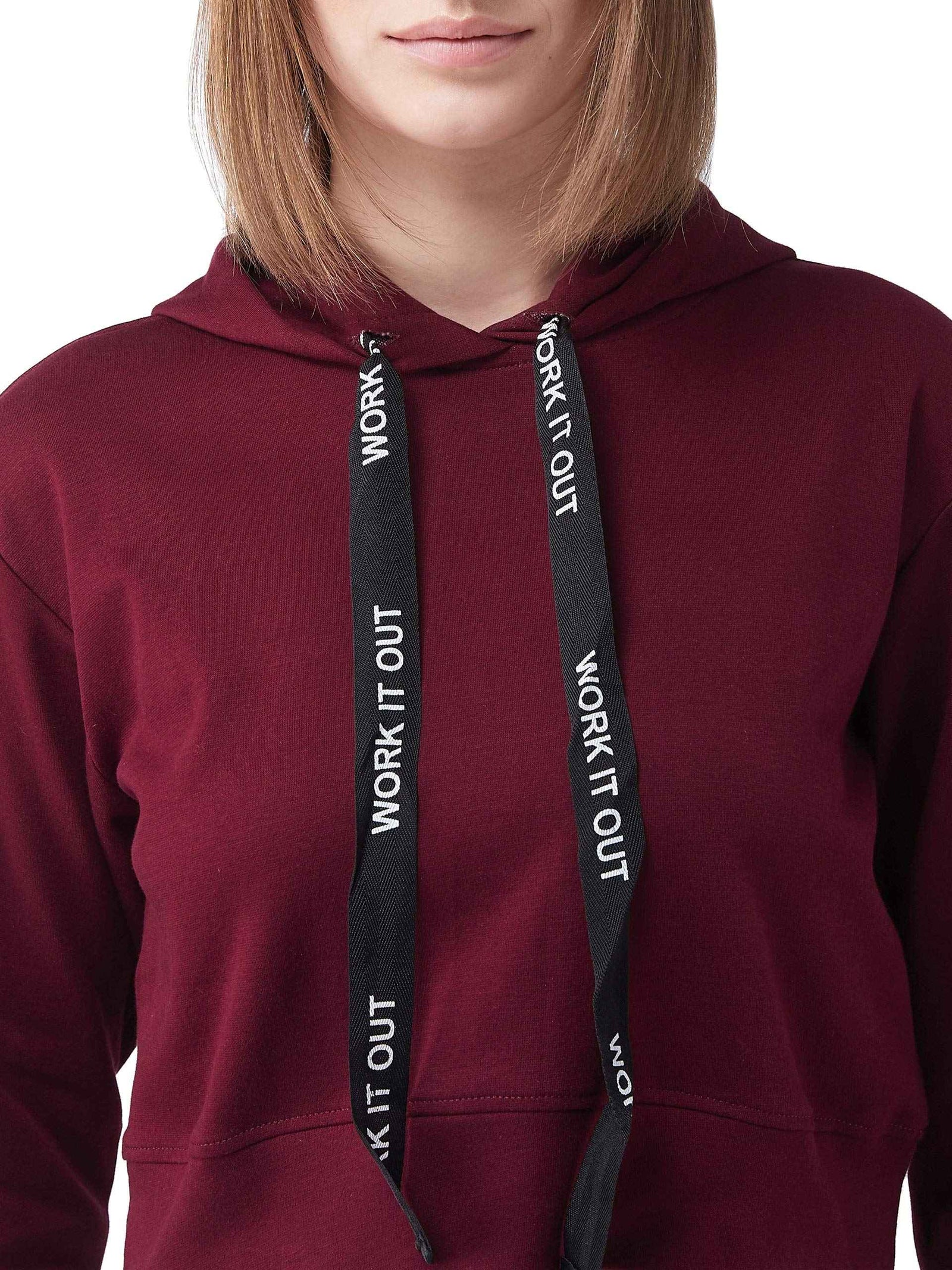 Miss Olive Women's Solid Round Neck Full Sleeve Hooded Boxy Graphic Twill Tape Detailing Crop Sweatshirt - Safqqa Egypt