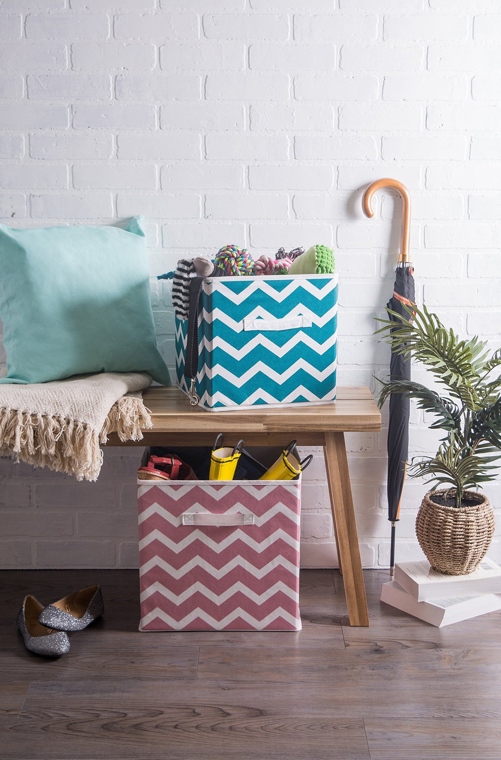 دي اي اي سلة تخزين من البوليستر غير المنسوج، شيفرون، روز، مجموعة صغيرة من قطعتين