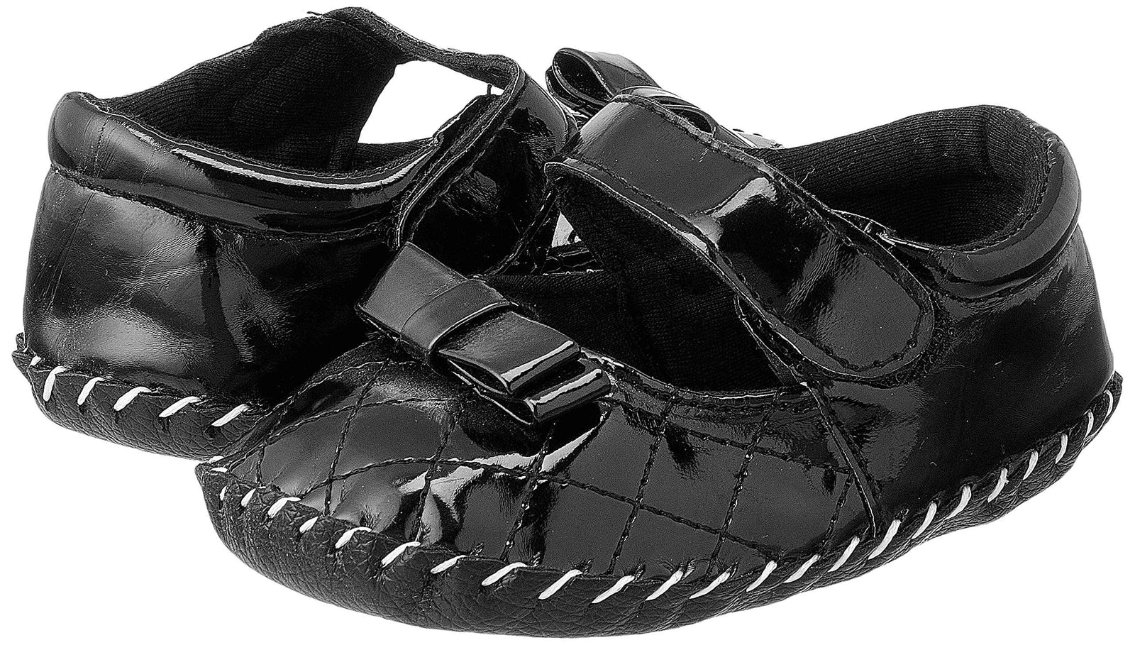 Mix & Max Quilted Patent Faux Leather Velcro-Strap Bow-Detail Shoes for Girls - Black, 12 - 18 Months - Safqqa Egypt