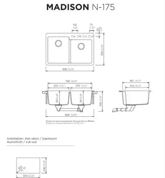 Madison N-175 Kitchen Sink – Double Bowl | 90 cm Cabinet | Topmount Installation - Safqqa Egypt