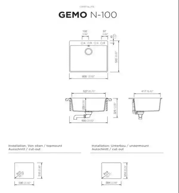 Gemo N-100 Kitchen Sink – Single Bowl | 60 cm Cabinet | Topmount & Undermount Installation - Safqqa Egypt