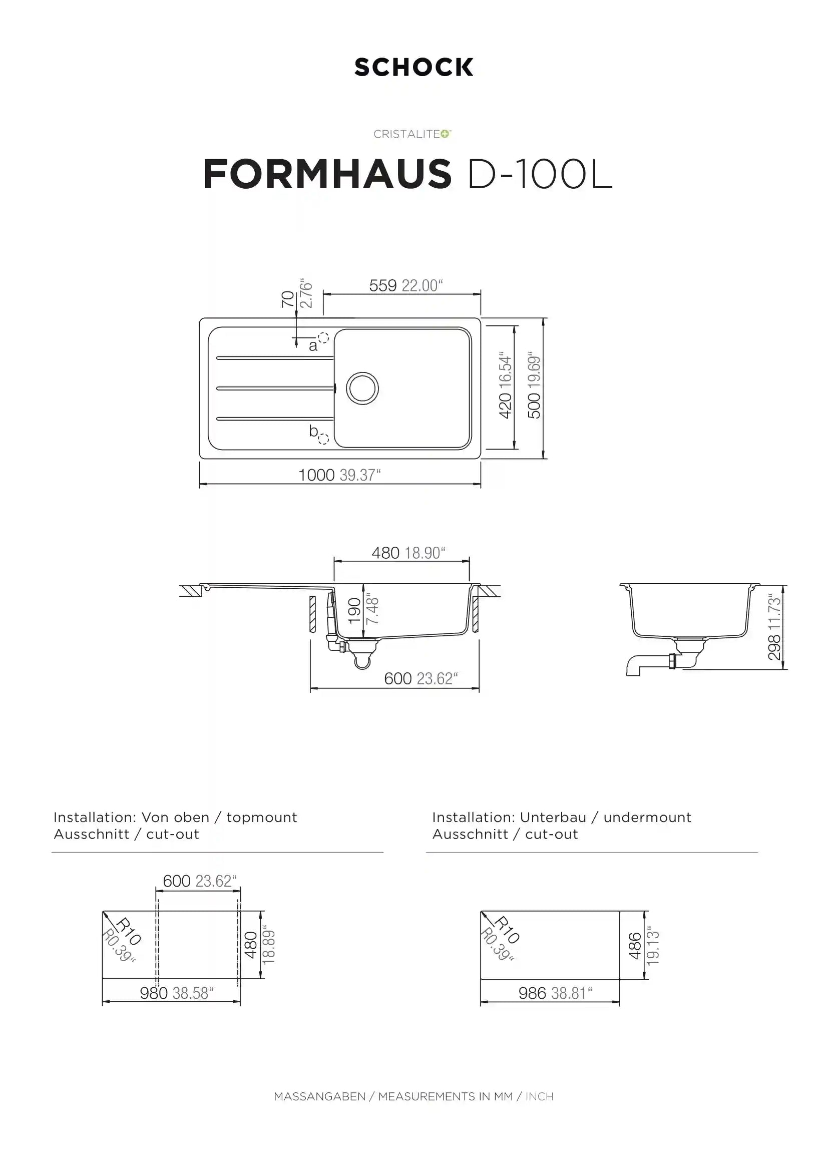 Formhaus D-100L Kitchen Sink – Large Single Bowl | 60 cm Cabinet | Topmount/Undermount Installation - Safqqa Egypt