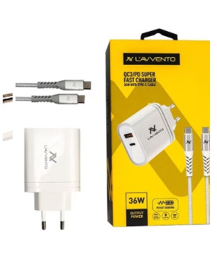 شاحن المنزل L'AVVENTO (MP555) 36W QC3/PD مع كابل Type-C 60W - أبيض