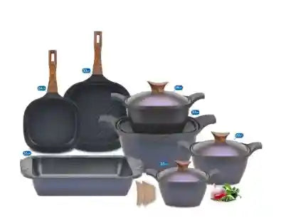 11 Piece Neoklien Korean Design Granite Set Square (4 Pots (20-22-24-30) + Grill 30 + Rectangular Casserole 36 + Frying Pan 24) - Ocean-Have Scratches-Without the outer box, but all pieces are in the original carton. - Safqqa Egypt