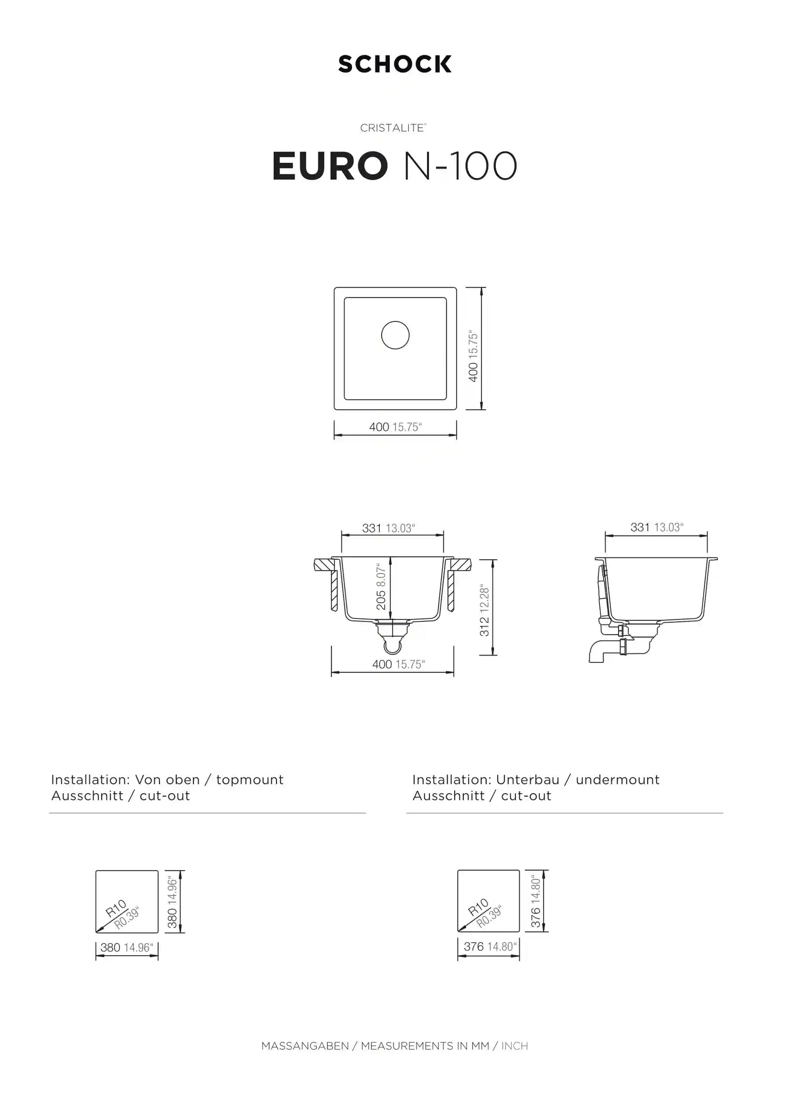 Euro N-100 Kitchen Sink – Single Bowl | 40 cm Cabinet | Topmount/Undermount Installation - Safqqa Egypt