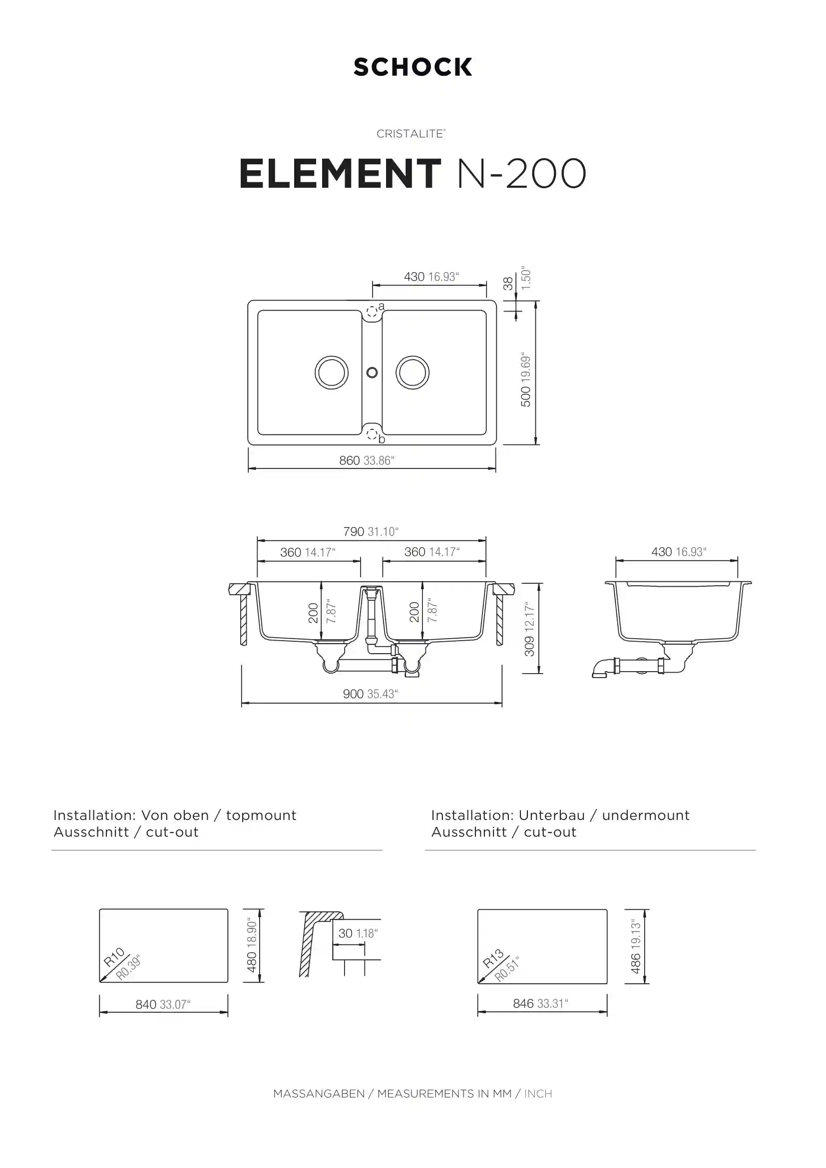 Element N-200 Kitchen Sink – Double Bowl | 90 cm Cabinet | Topmount/Undermount Installation - Safqqa Egypt