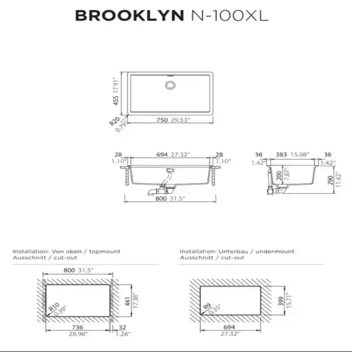Brooklyn N-100XL Kitchen Sink – Extra-Large Single Bowl | 80 cm Cabinet | Topmount/Undermount Installation - Safqqa Egypt