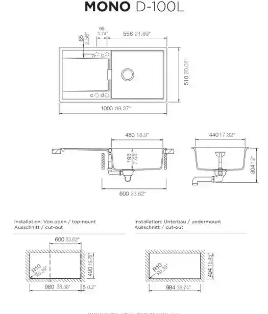 Mono D-100L Kitchen Sink – Large Single Bowl | 60 cm Cabinet | Topmount & Undermount Installation - Safqqa Egypt