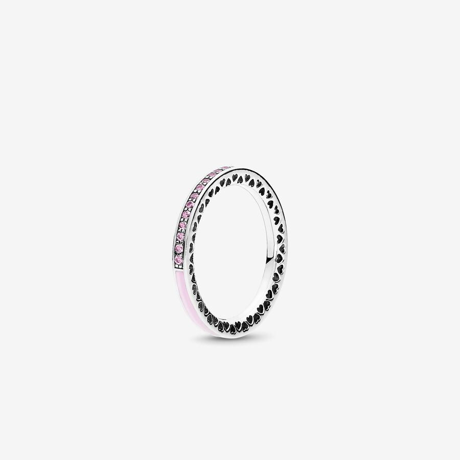 Pandora 925 Sterling Silver Filigree Heart Shape Pave Embellished Ring For Women - Silver and Rose